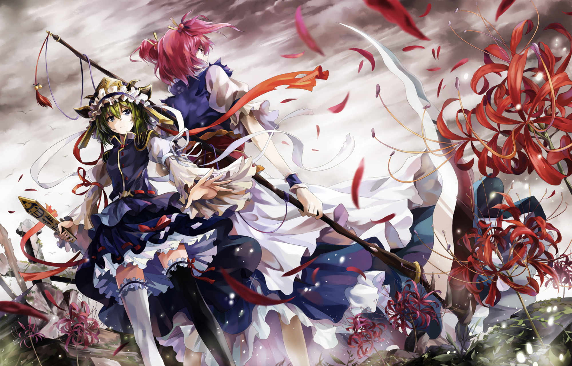 Two anime girls with red spider lilies HD Wallpaper