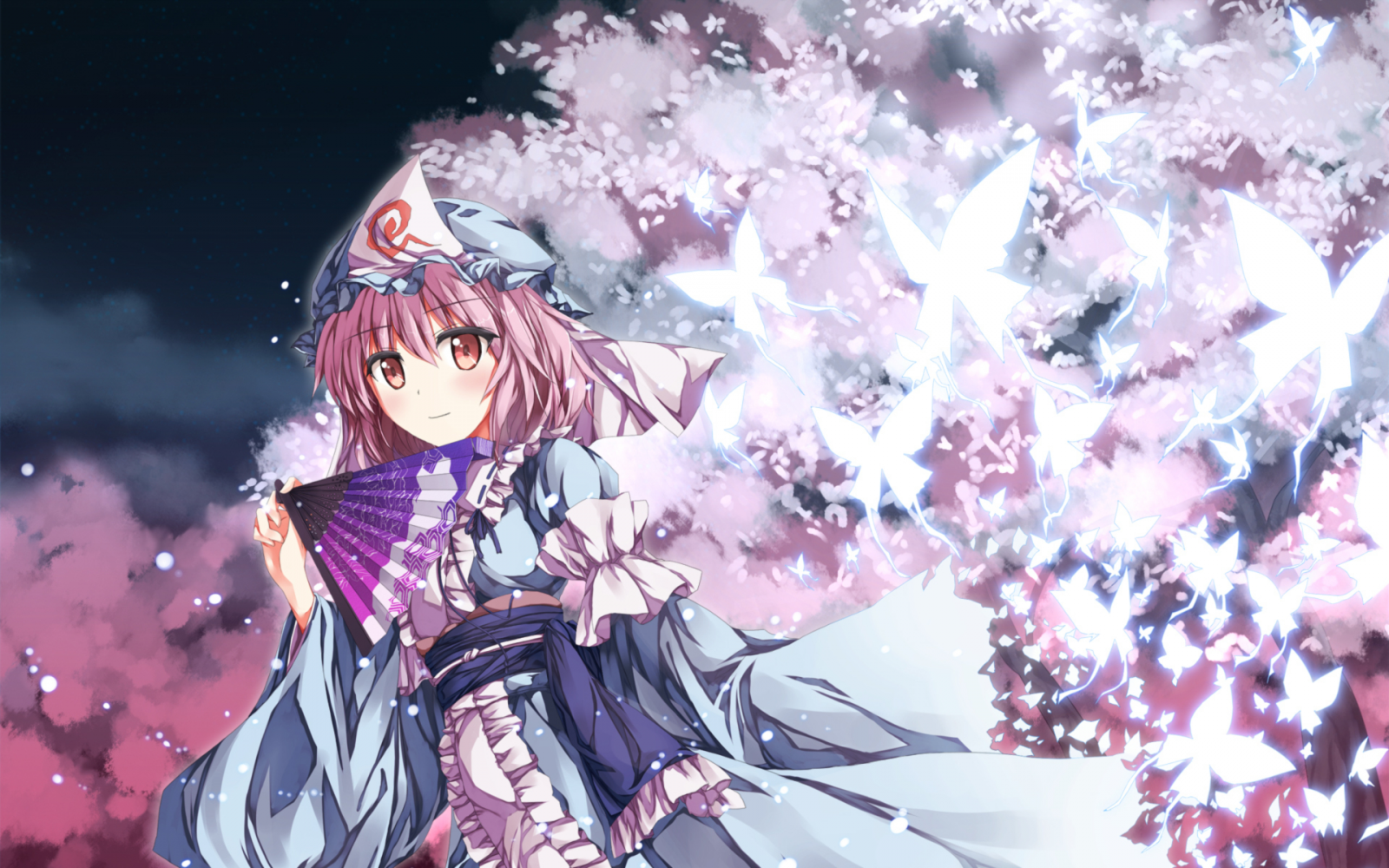 Anime girl with pink hair and fan, surrounded by butterflies HD Wallpaper