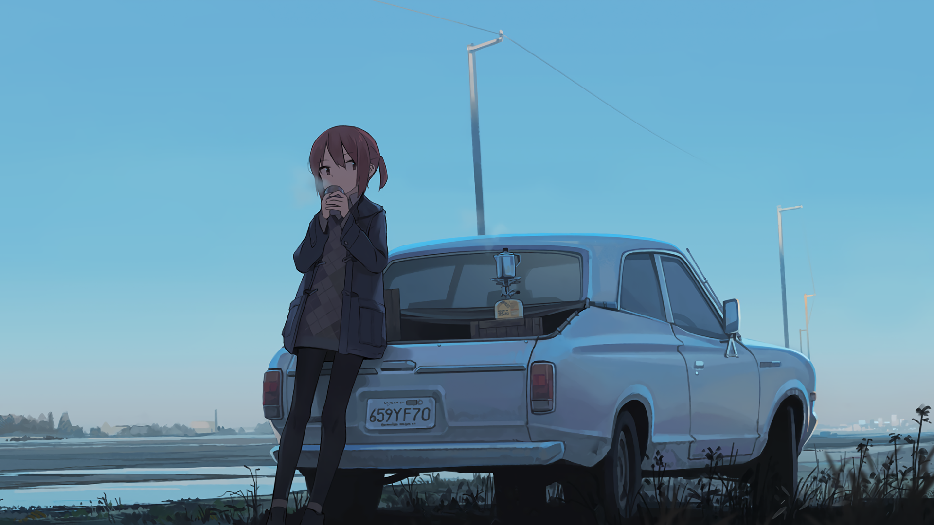 Girl drinking coffee next to a vintage car HD Wallpaper