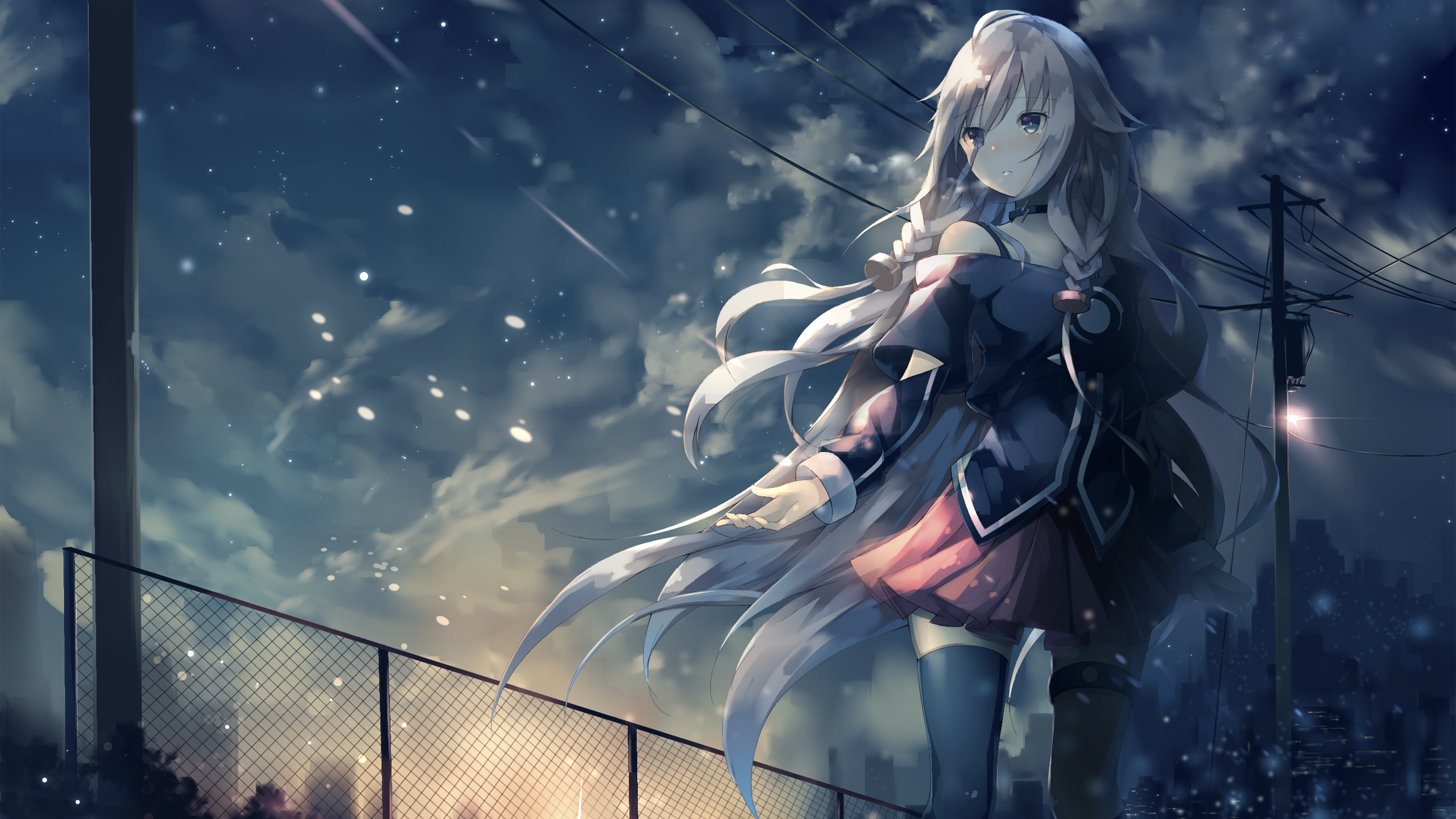 Anime girl with long white hair at night HD Wallpaper