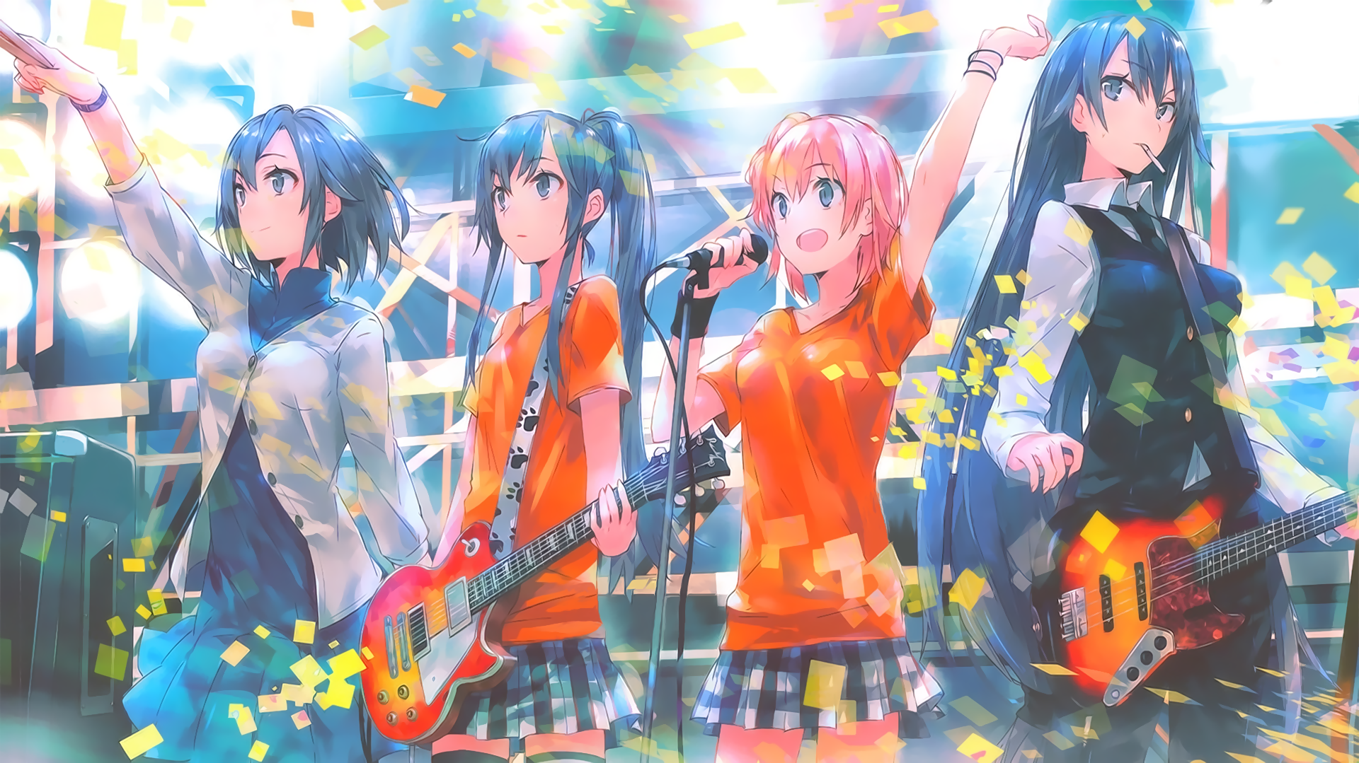 Anime girls performing on stage with confetti HD Wallpaper