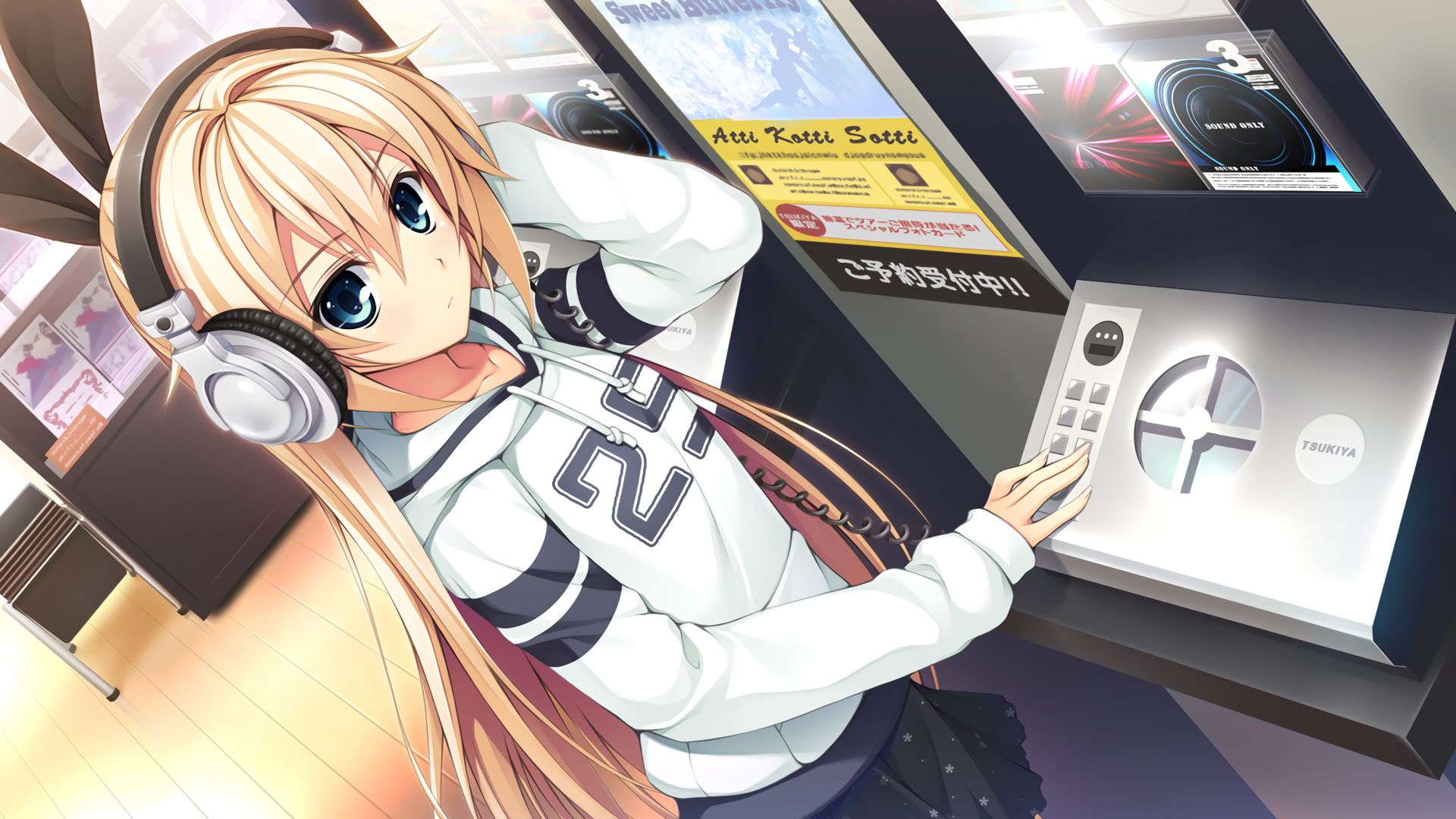 Anime girl with headphones at a music machine HD Wallpaper