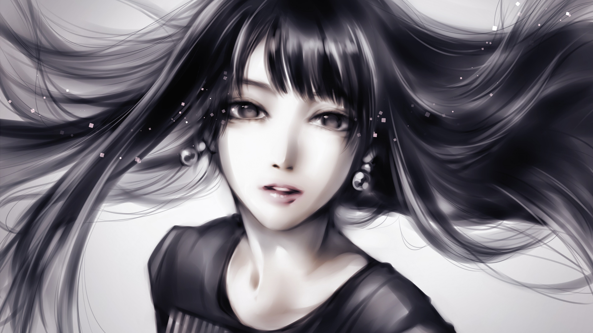Anime girl with long black hair and earrings HD Wallpaper