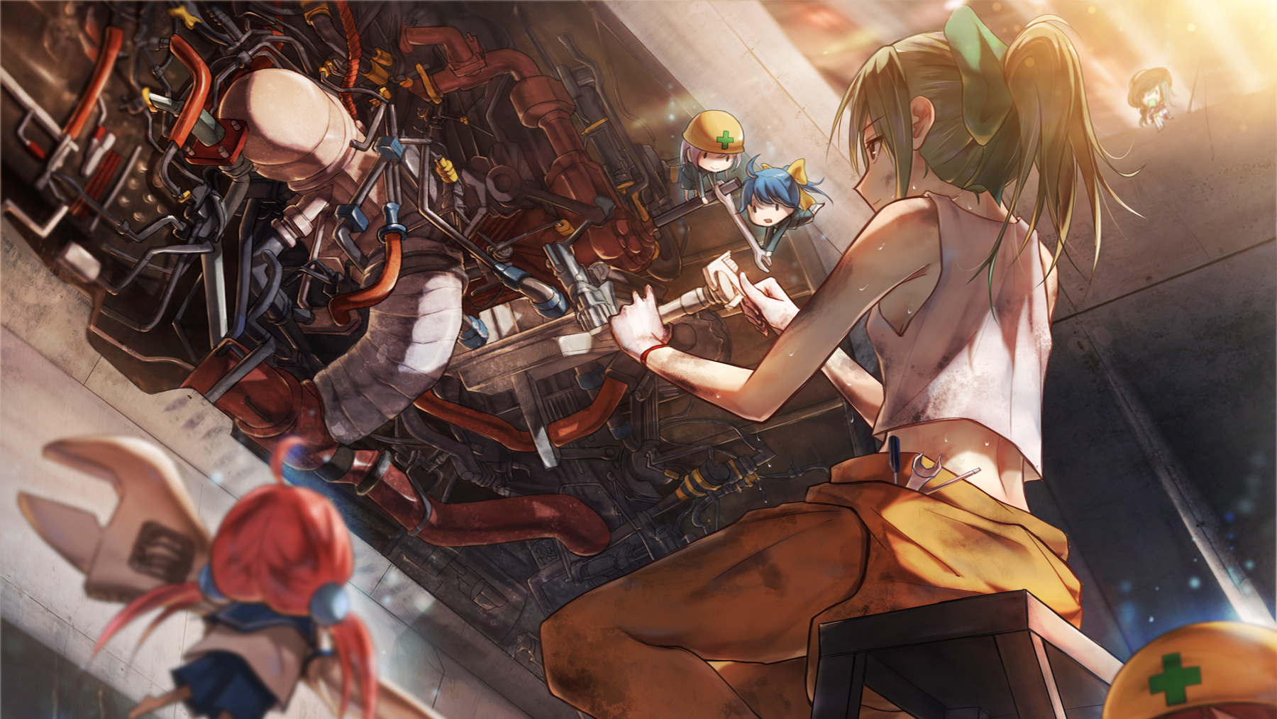 Anime characters working on machinery HD Wallpaper