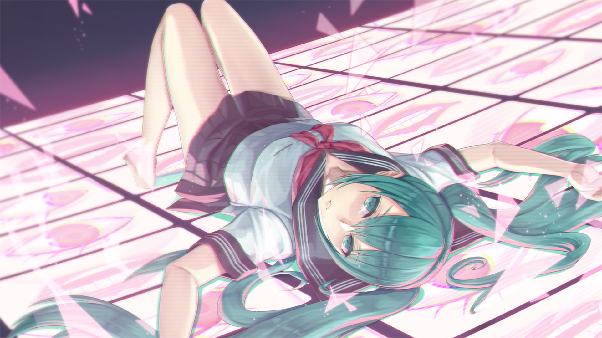 Hatsune Miku lying on a pink grid floor HD Wallpaper