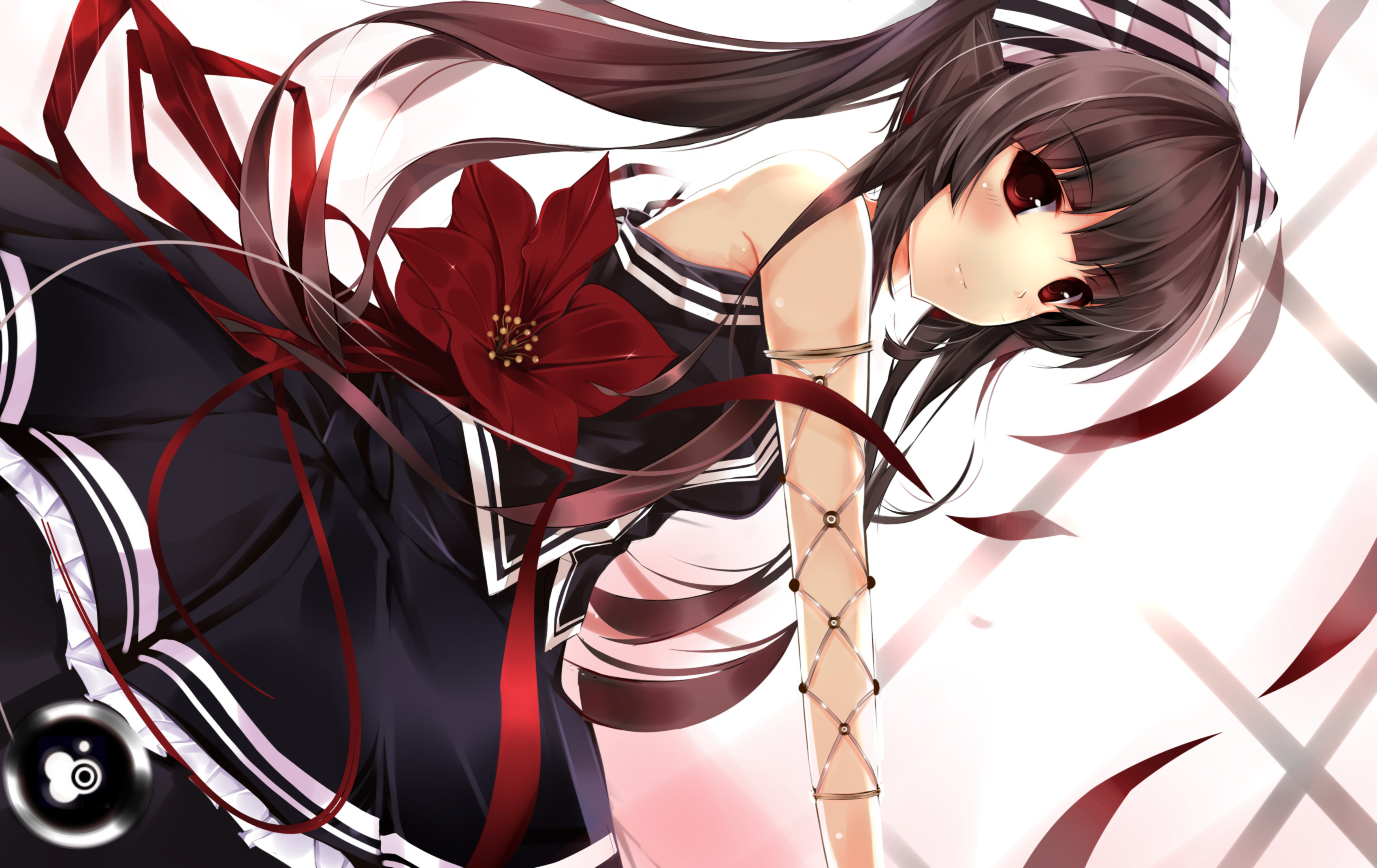 Anime girl with black hair and red flower HD Wallpaper