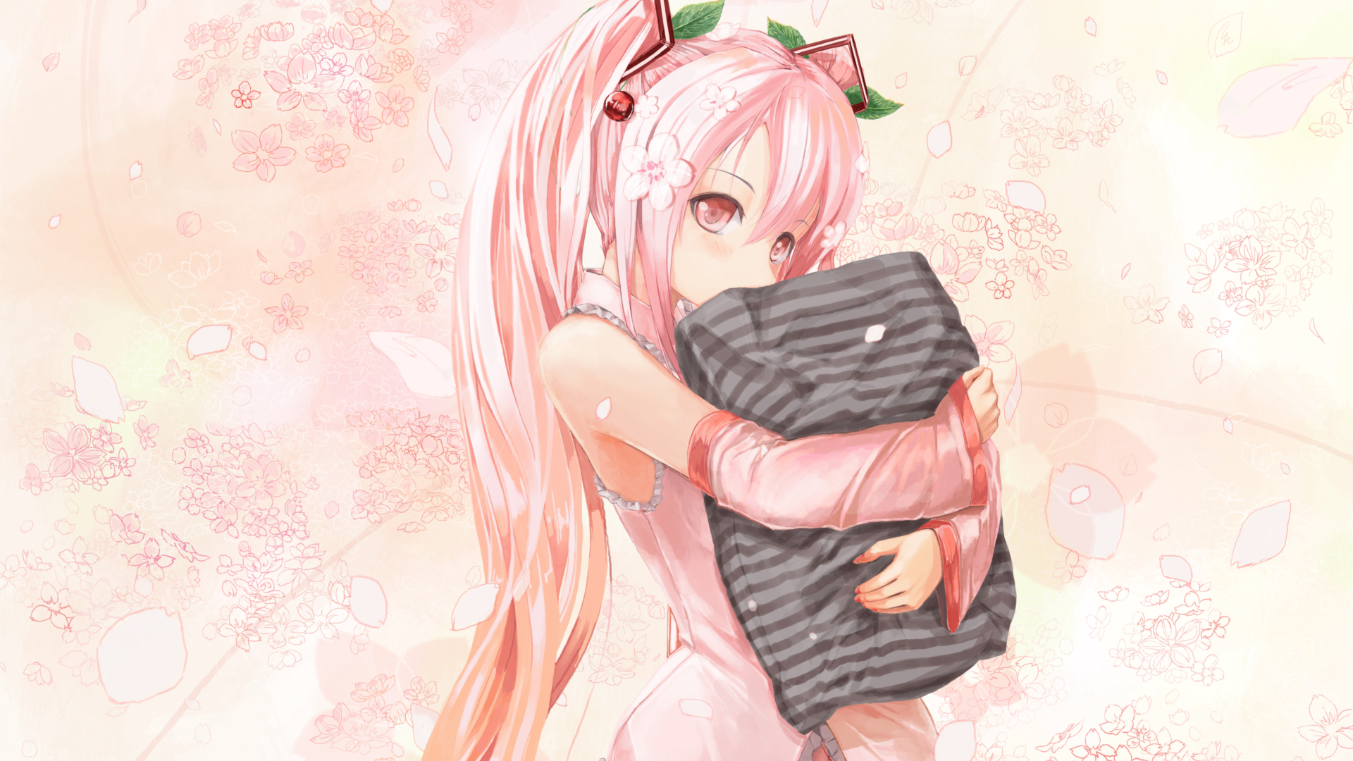 Anime girl with pink hair holding a pillow HD Wallpaper