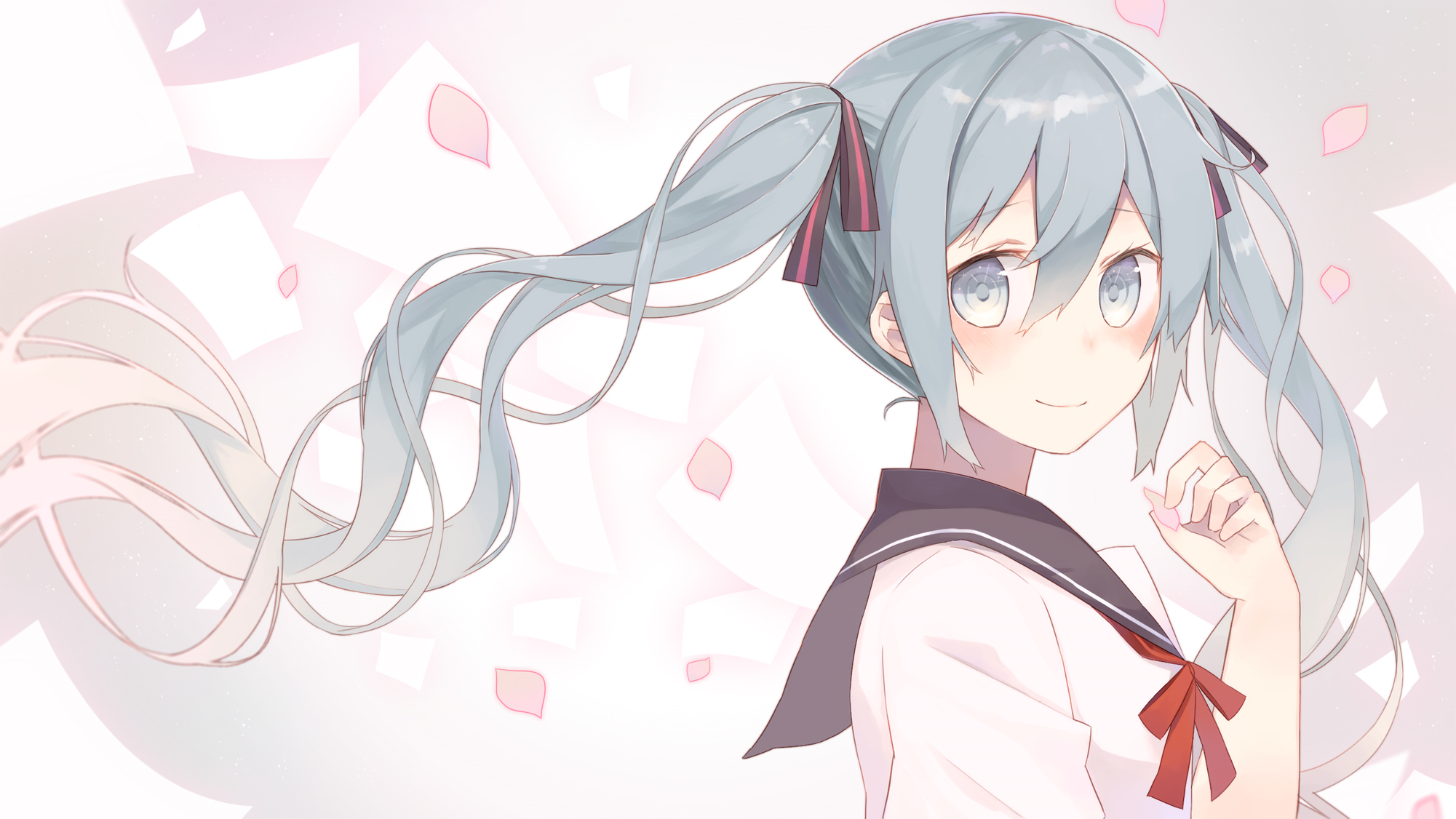 Hatsune Miku in school uniform with cherry blossoms HD Wallpaper