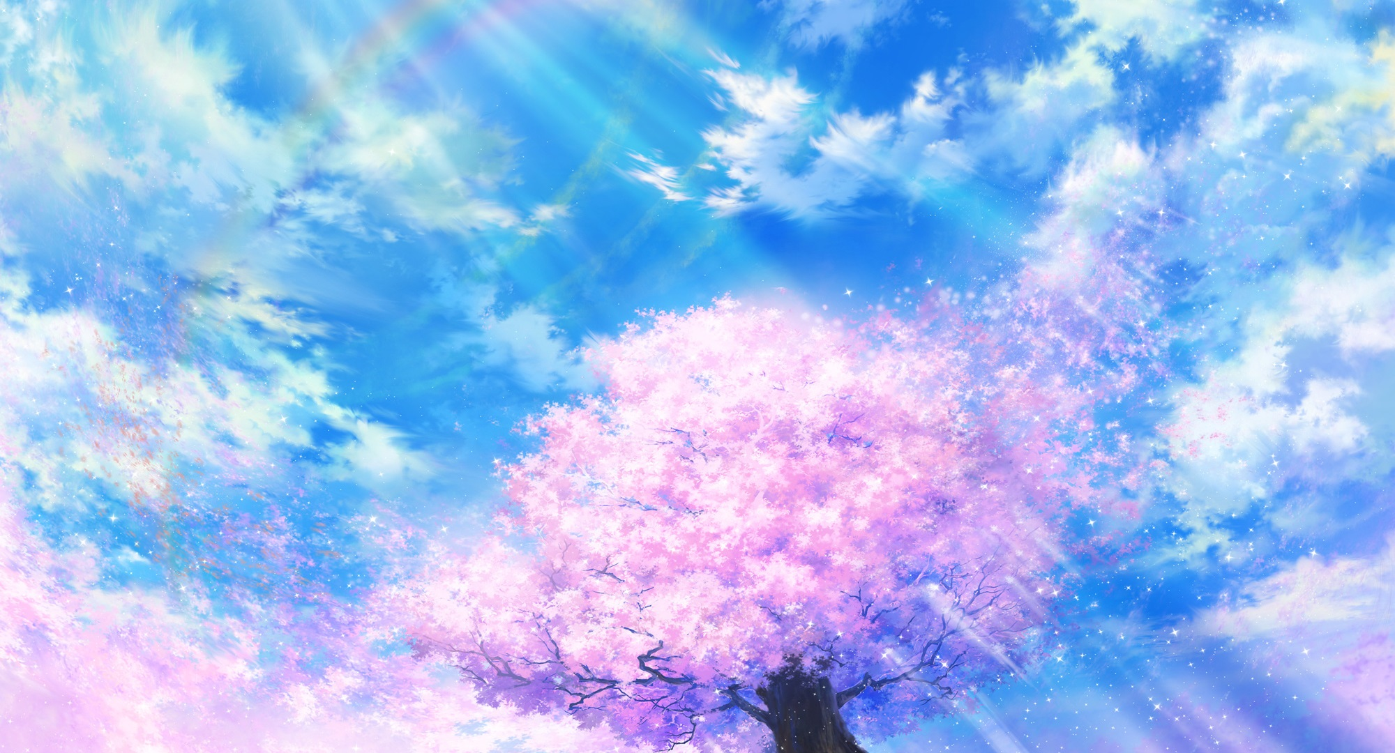 A blooming cherry blossom tree under a rainbow sky HD Wallpaper