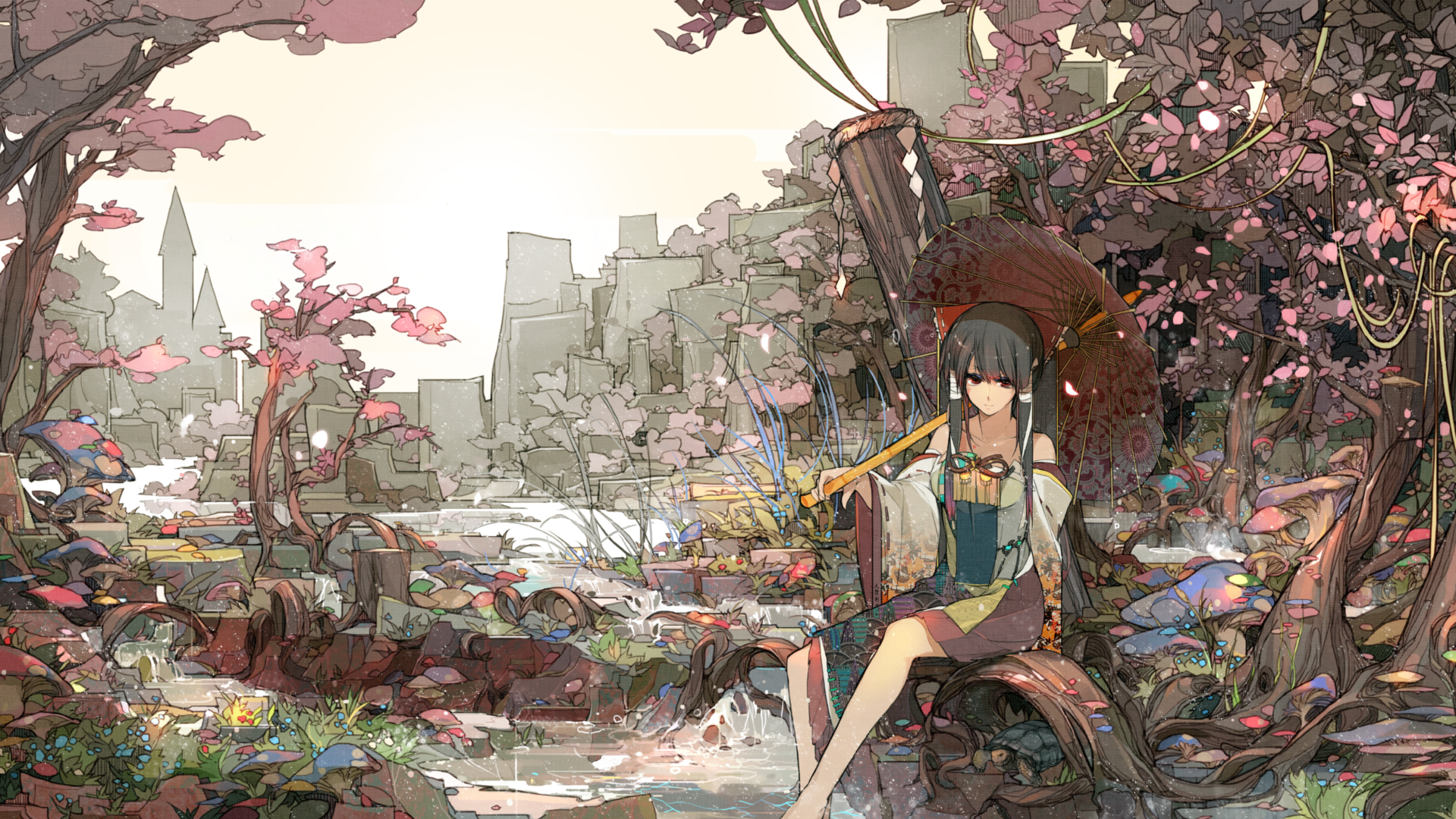 Anime girl with umbrella in a surreal forest city HD Wallpaper