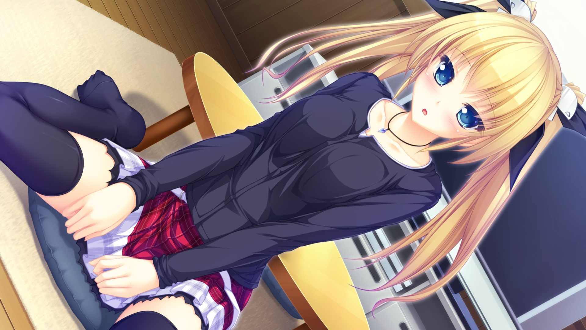 Anime girl with blonde pigtails wearing a black shirt and plaid skirt HD Wallpaper
