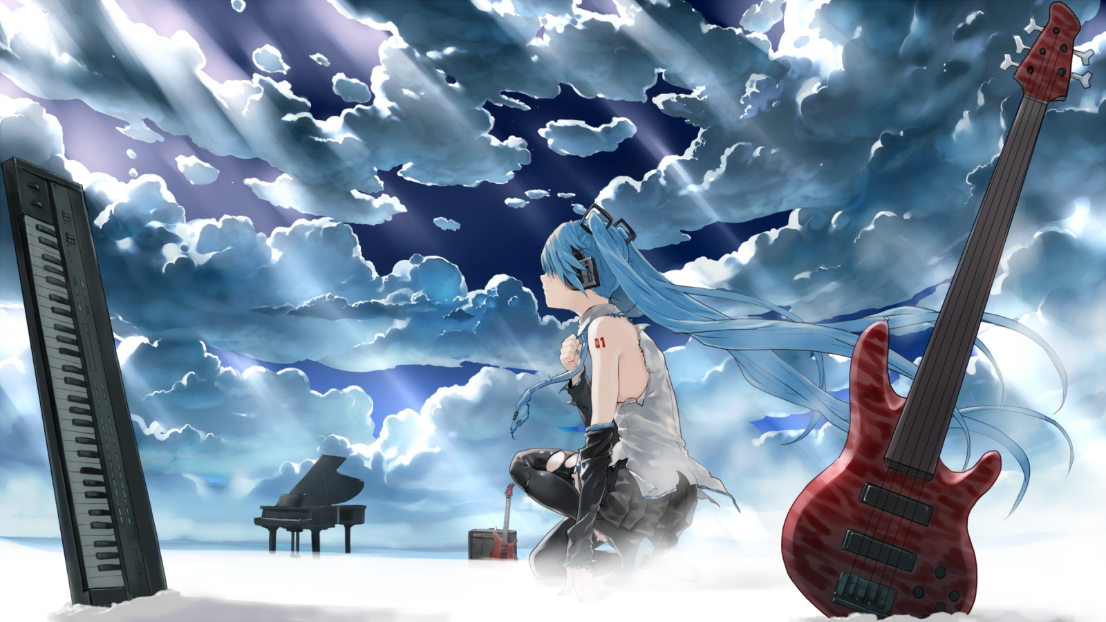 Hatsune Miku with musical instruments in a snowy landscape HD Wallpaper