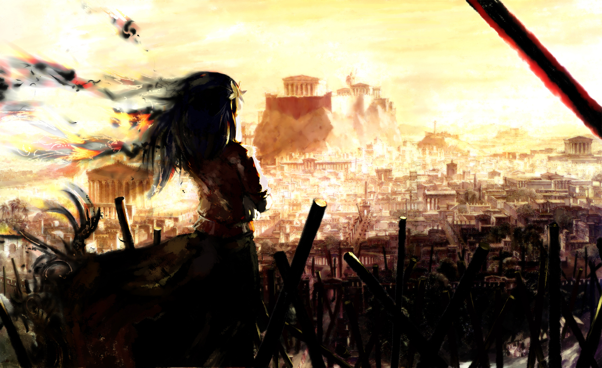 Girl overlooking a ruined city with ancient architecture HD Wallpaper