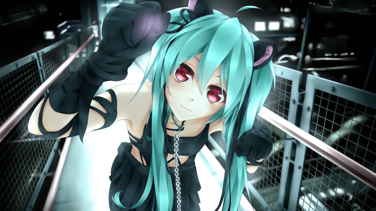 Anime girl with teal hair and cat ears HD Wallpaper