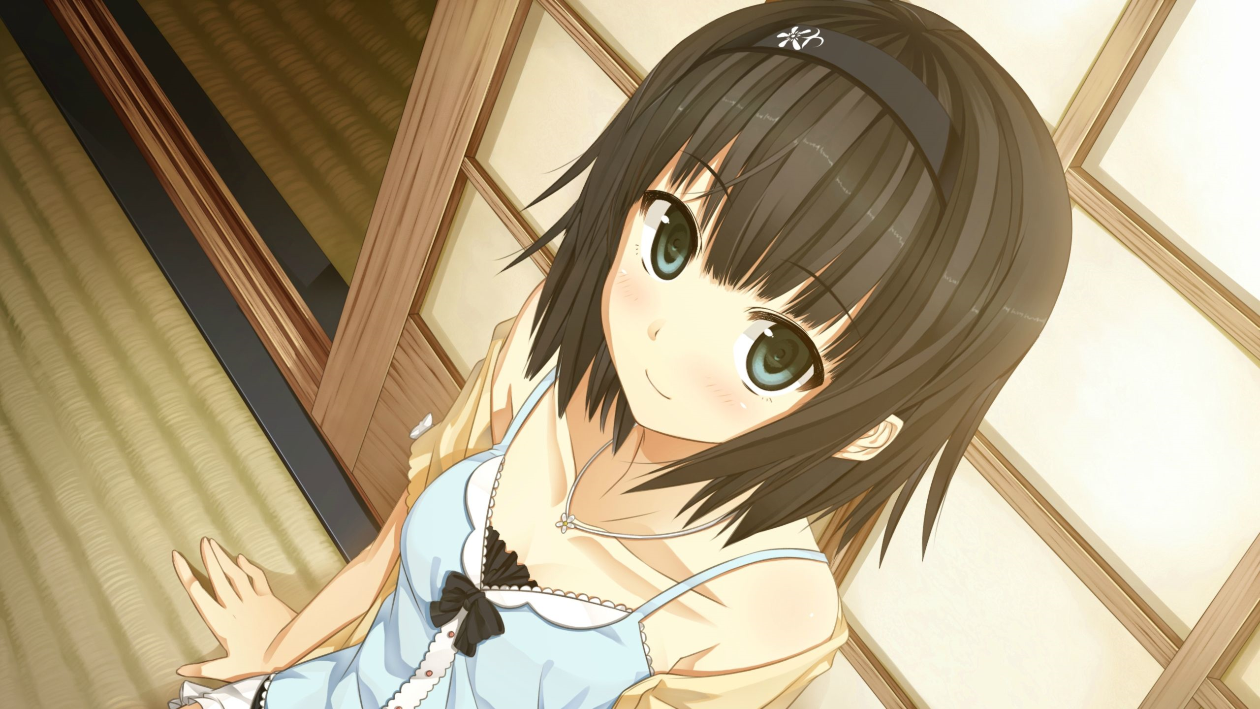 Anime girl with black hair and blue nightgown HD Wallpaper