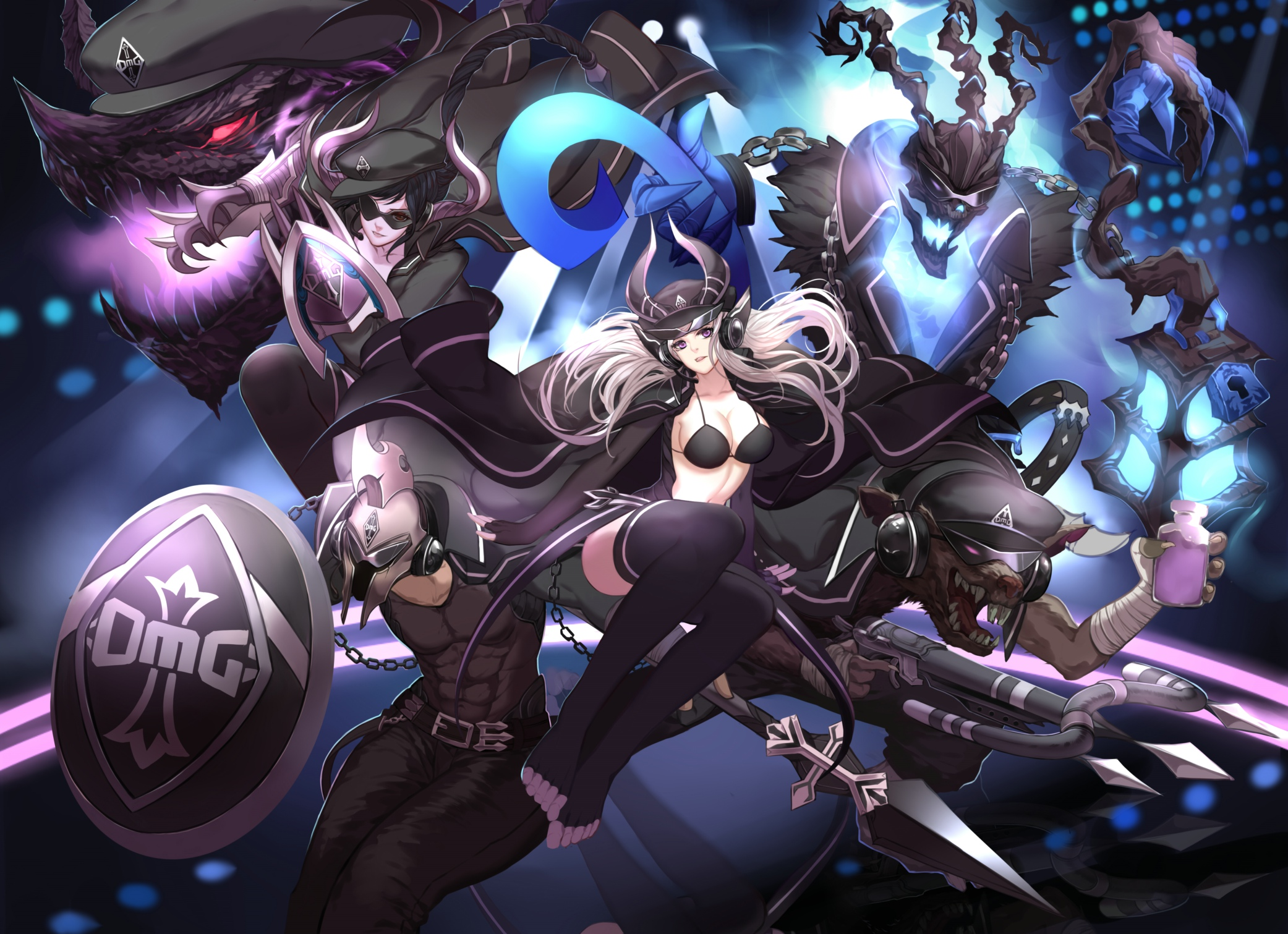 Anime characters with monsters and weapons HD Wallpaper