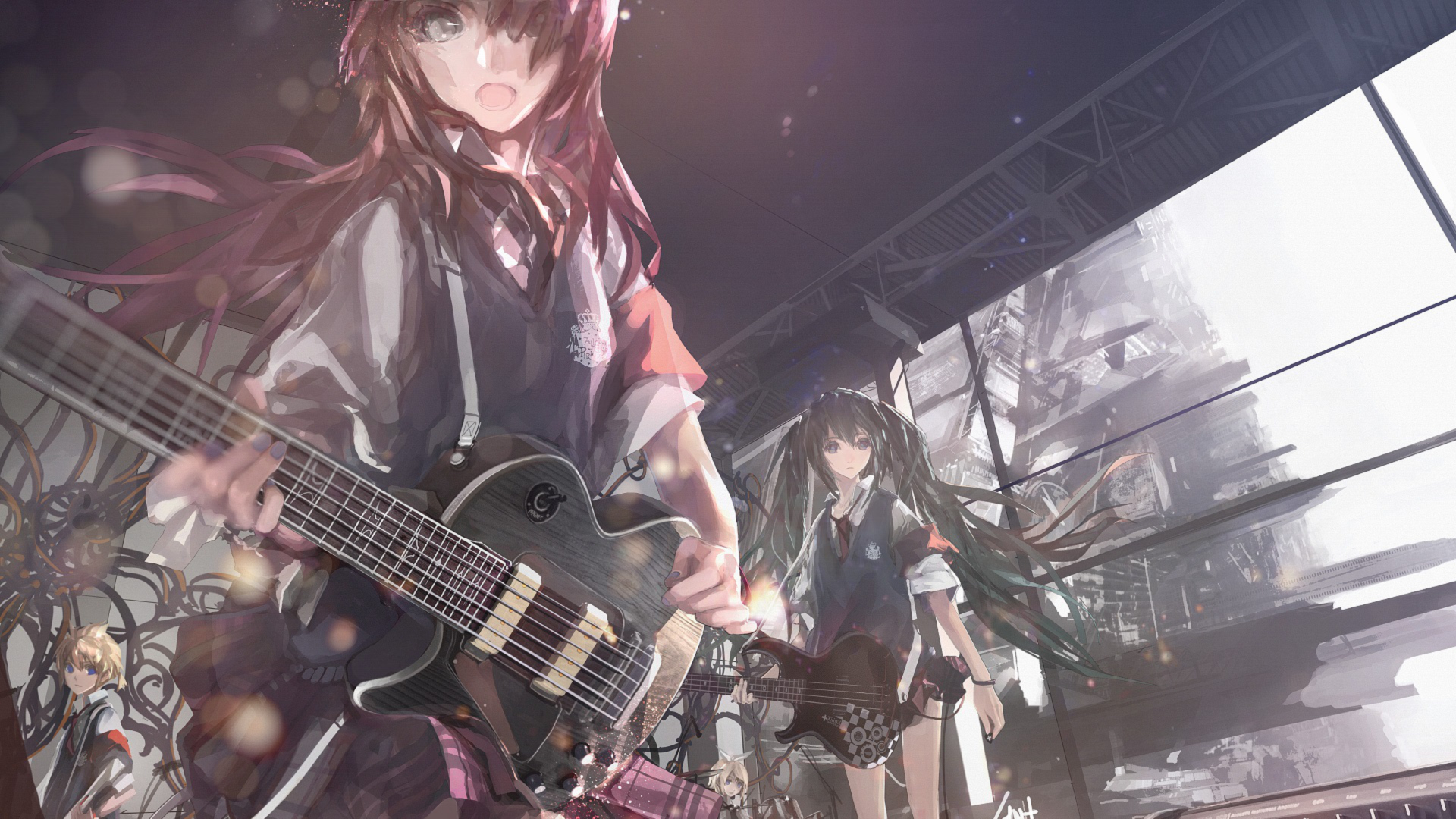 Anime girls playing guitars on a stage HD Wallpaper