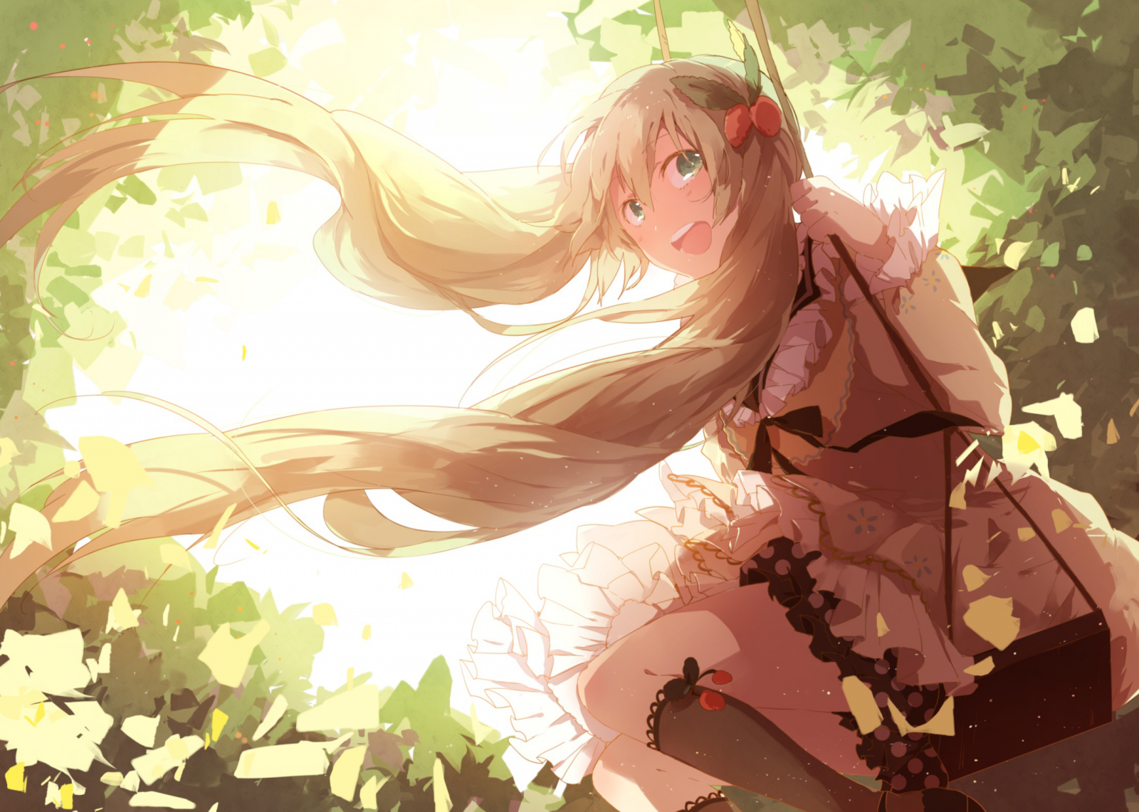 Anime girl with blonde pigtails on a swing HD Wallpaper