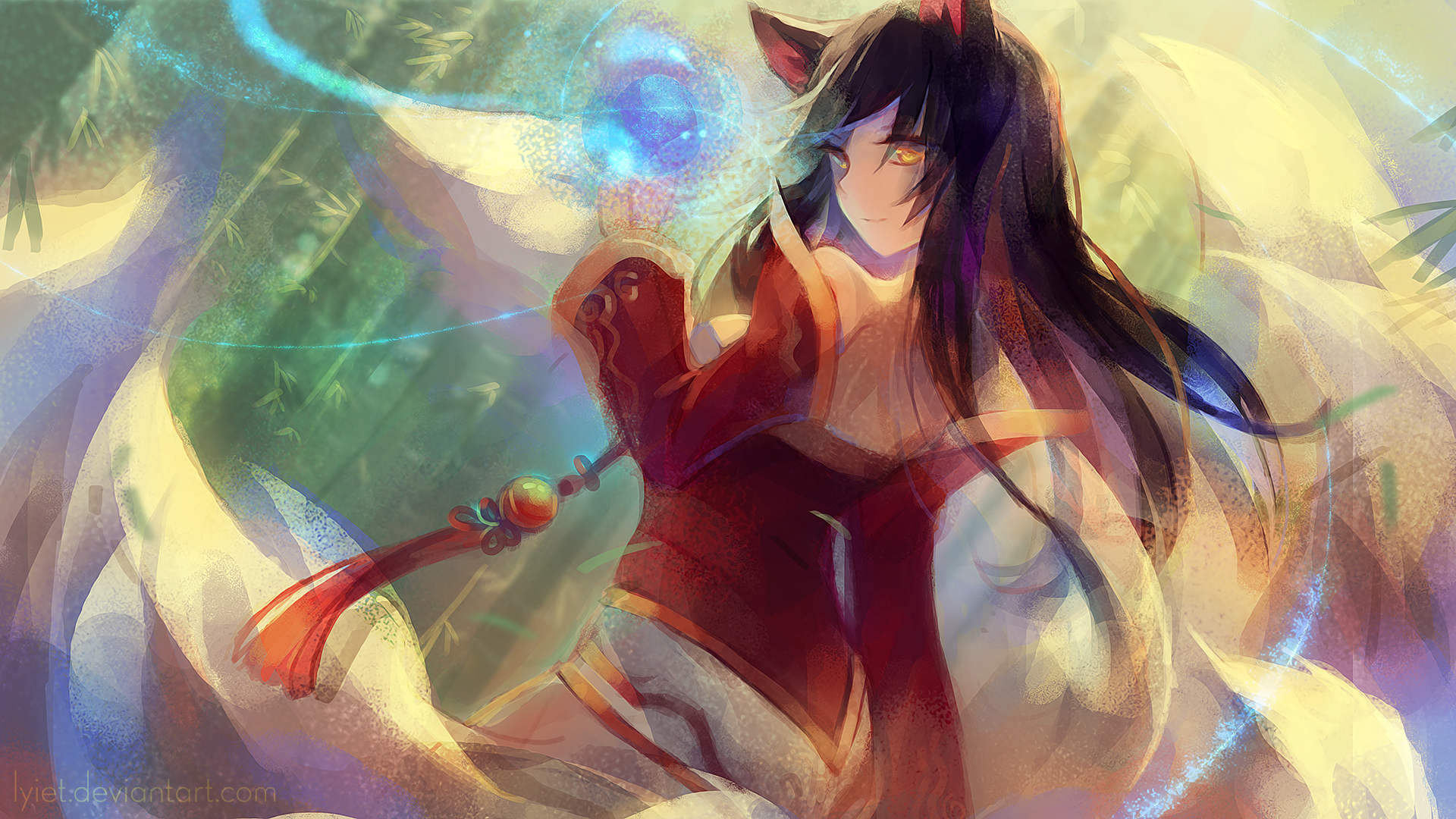 Ahri from League of Legends casting a spell HD Wallpaper
