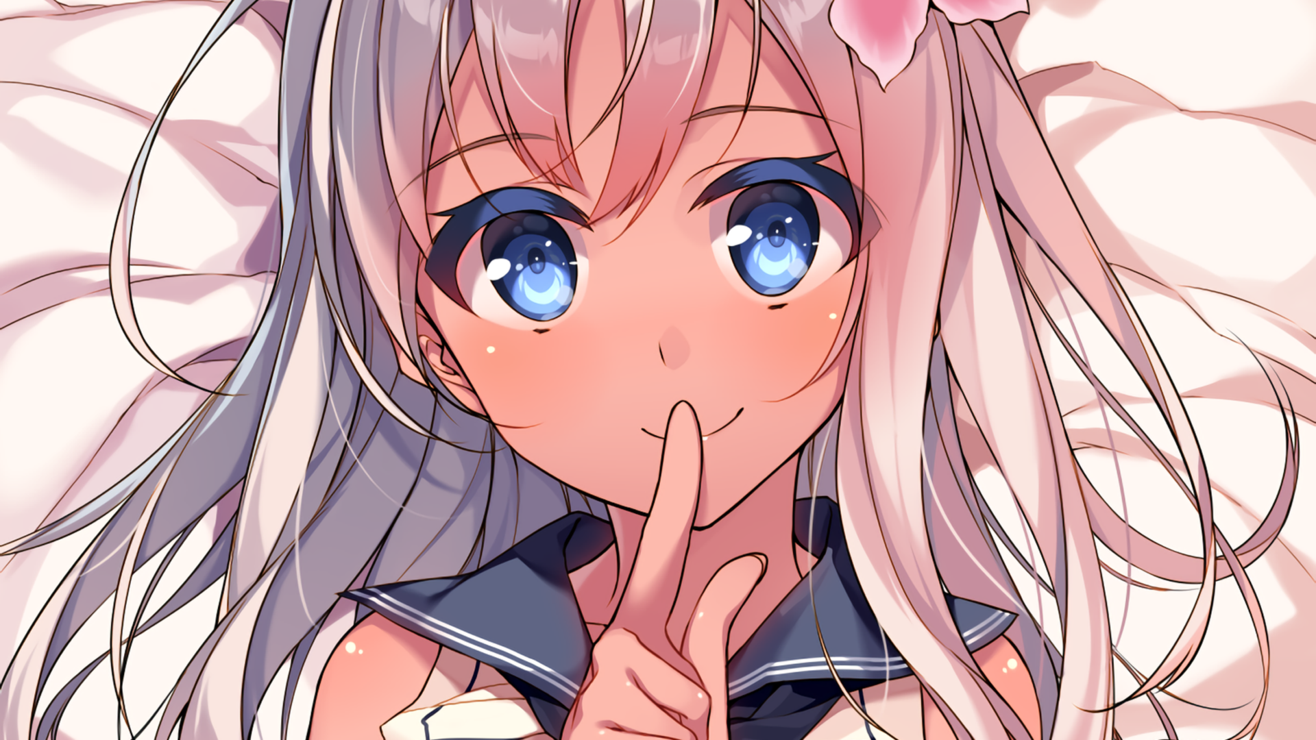 Anime girl with pink flower and blue eyes HD Wallpaper