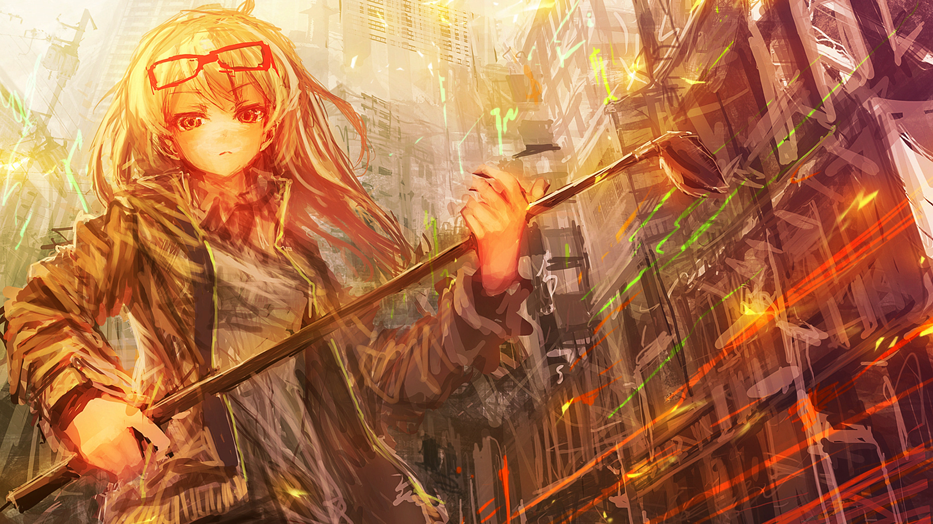 Anime girl with glasses holding a staff in a city HD Wallpaper