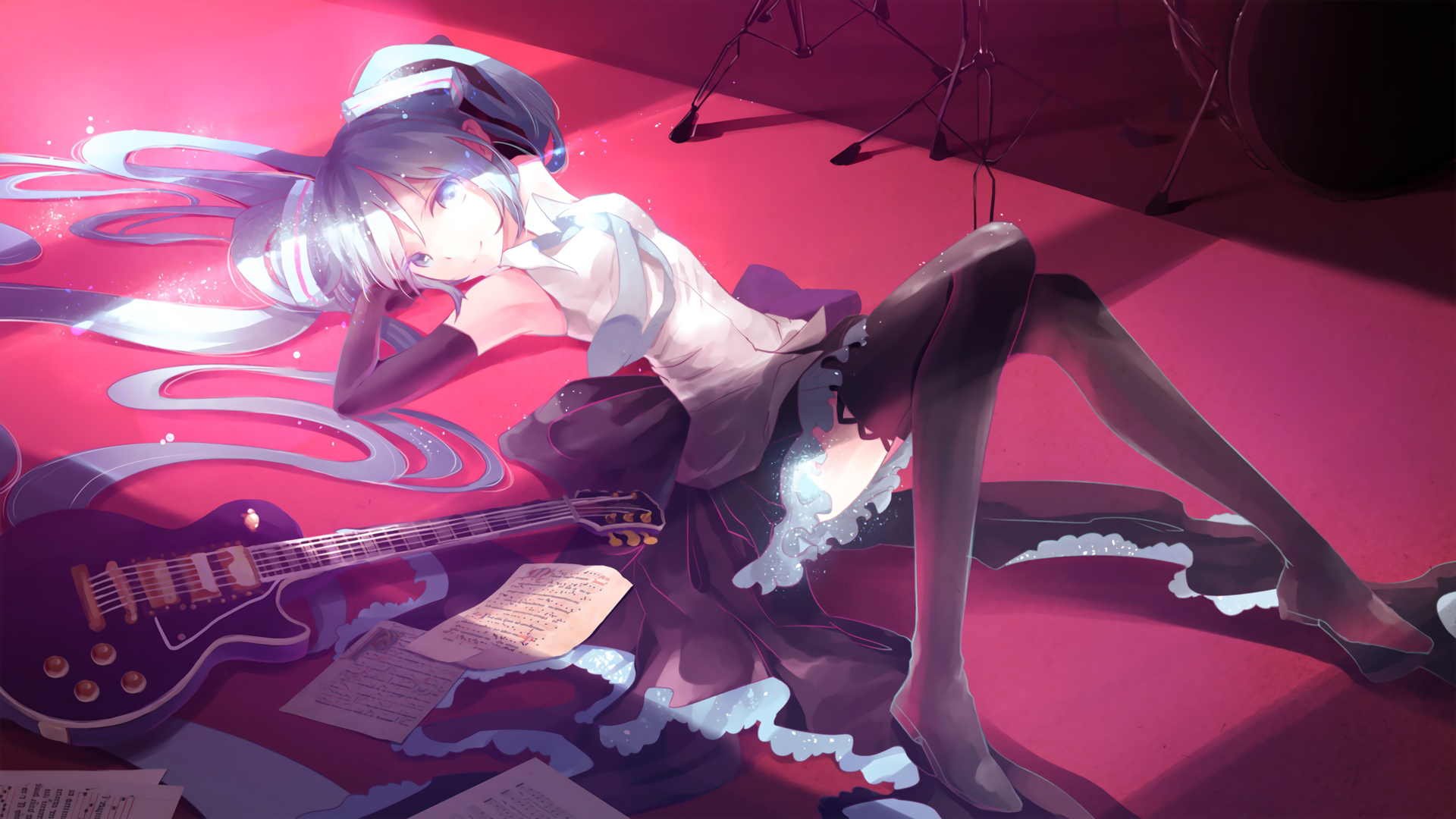Hatsune Miku with guitar and sheet music HD Wallpaper
