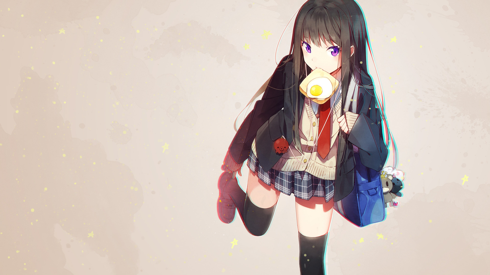 Anime girl in school uniform eating toast with egg HD Wallpaper