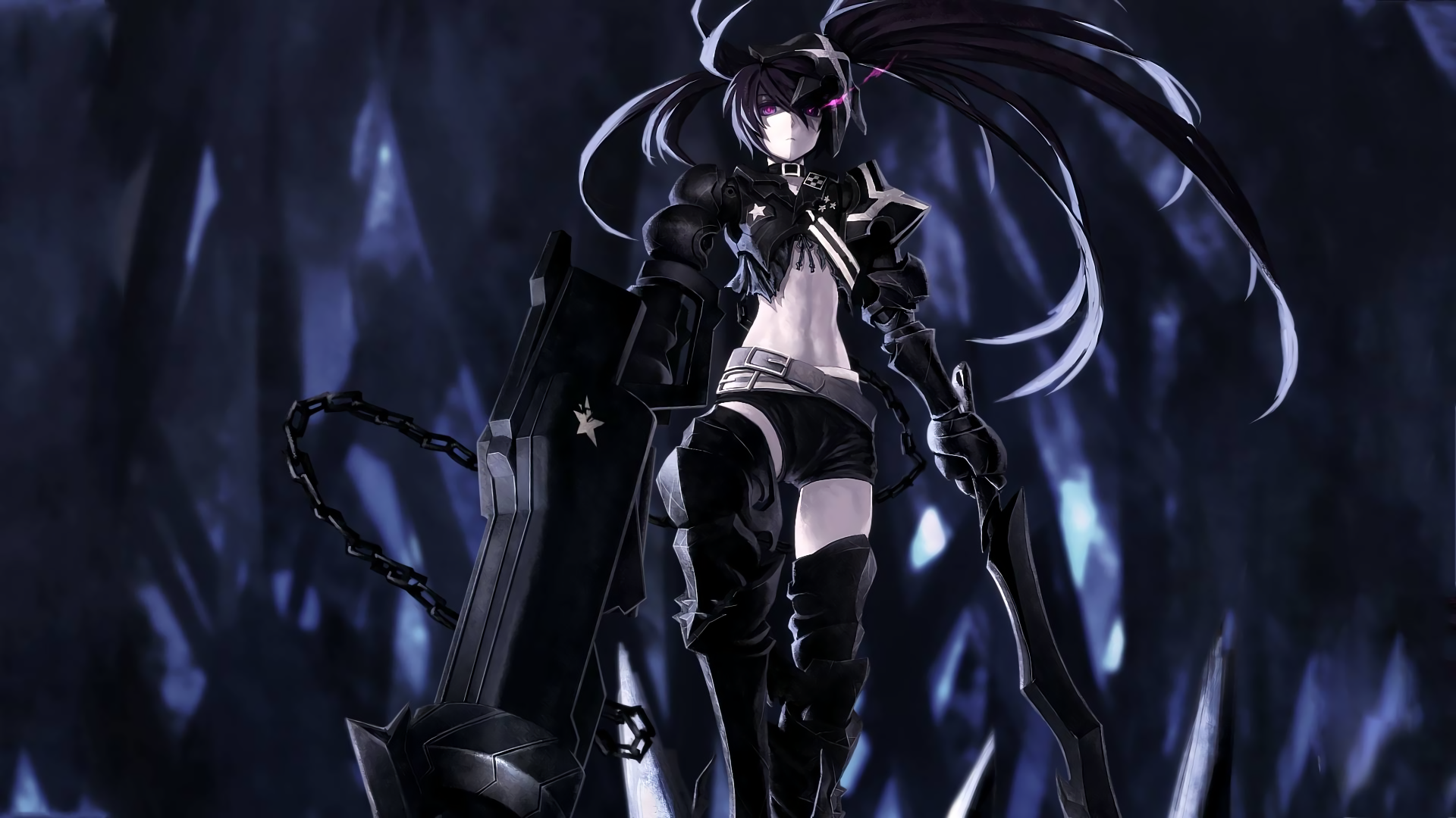 Black Rock Shooter in dark armor with sword and shield HD Wallpaper