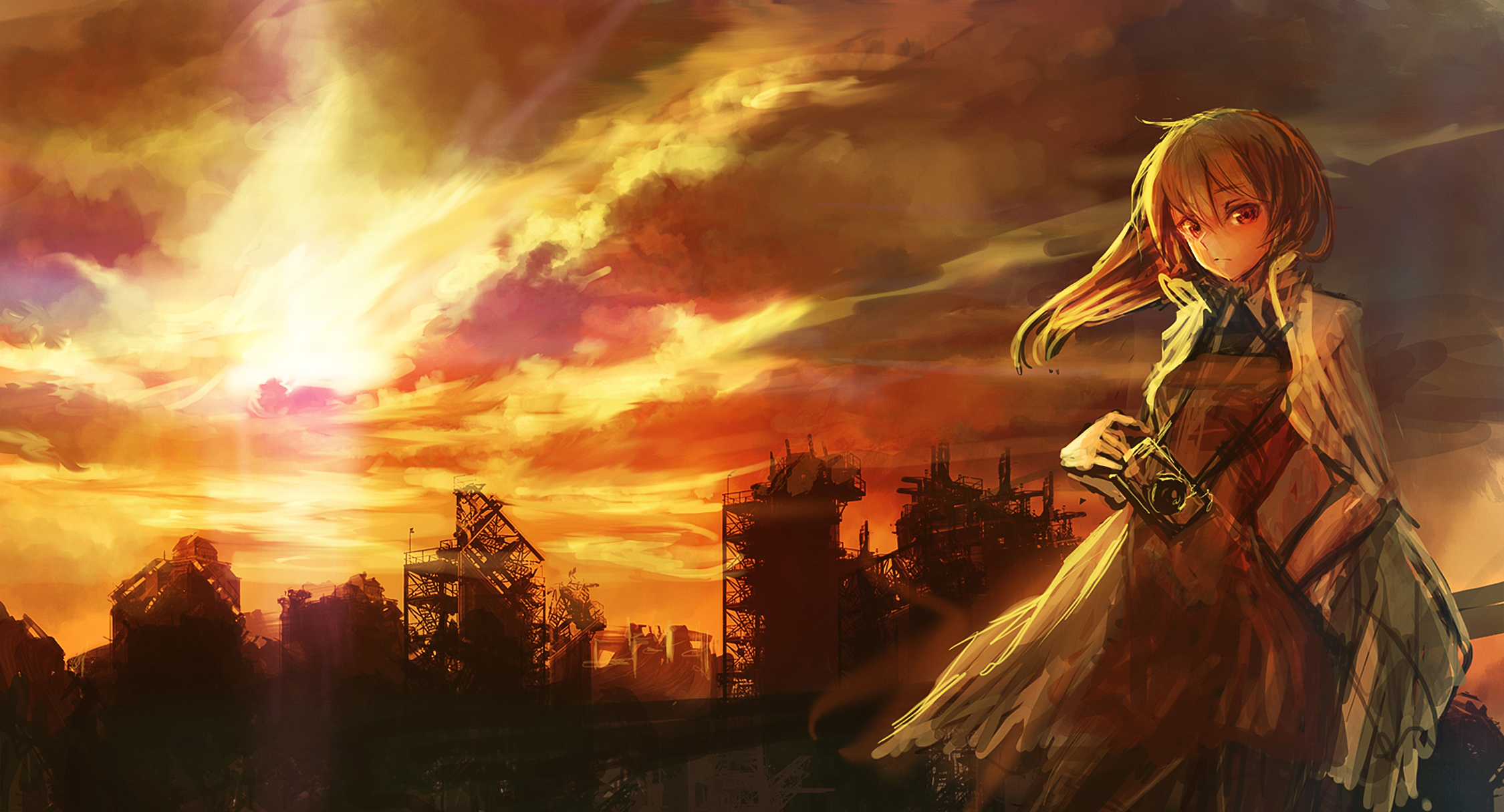 Girl in a ruined city at sunset HD Wallpaper