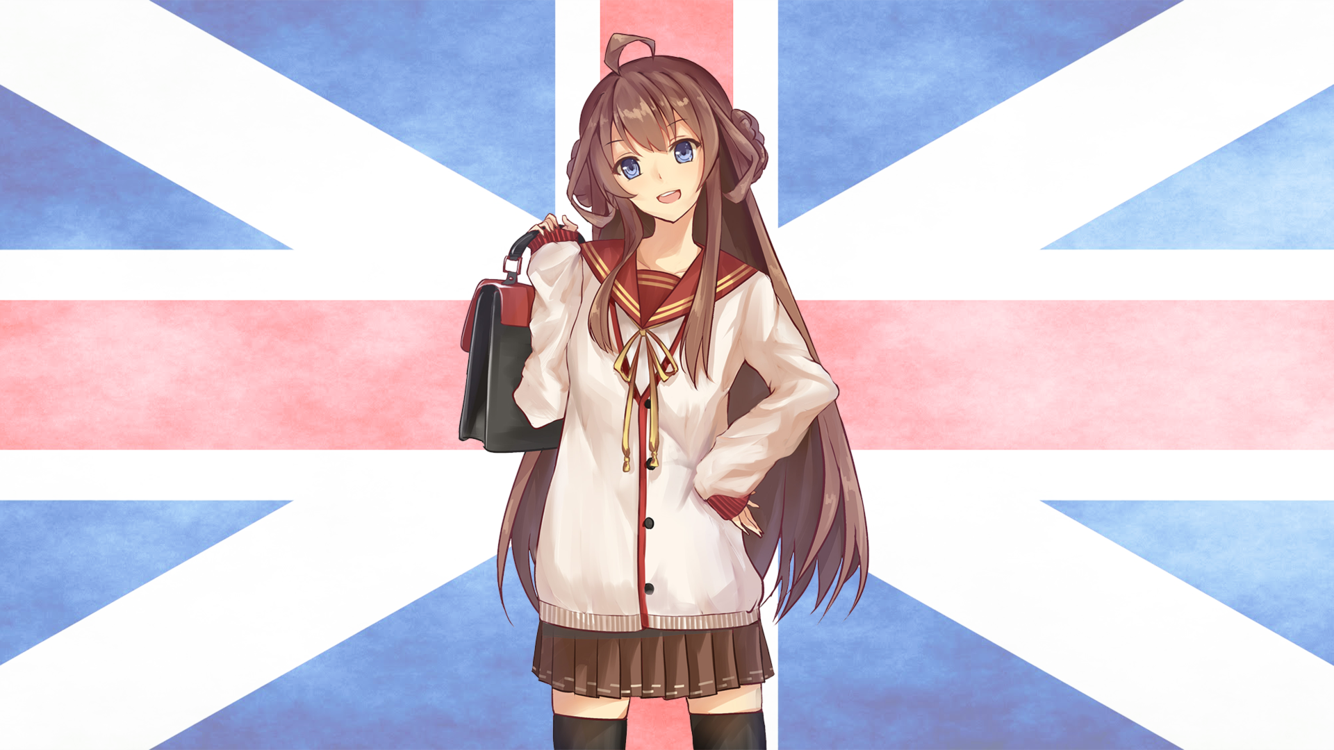 Anime girl in school uniform with British flag background HD Wallpaper