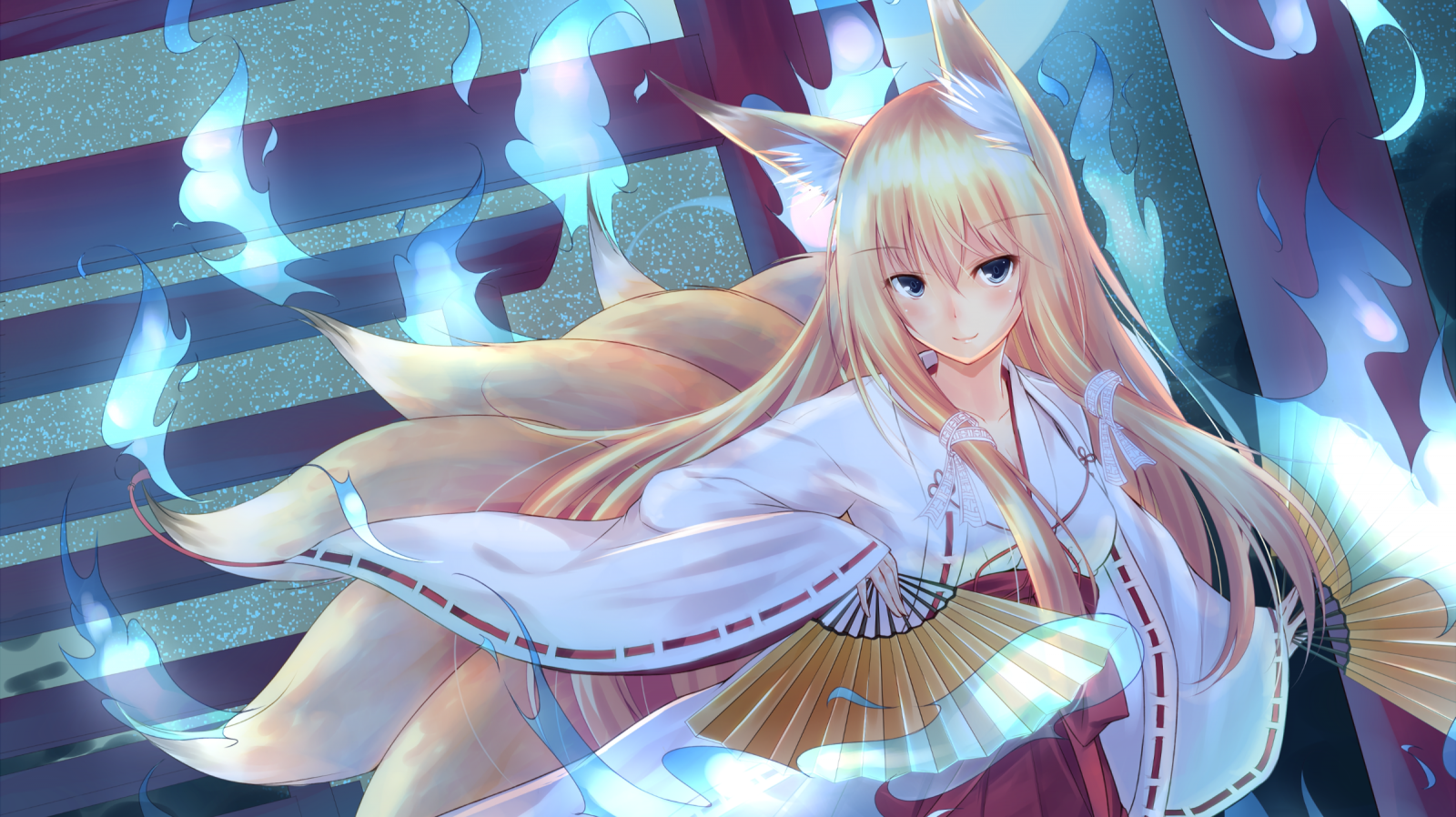 Anime girl with fox ears and tails HD Wallpaper