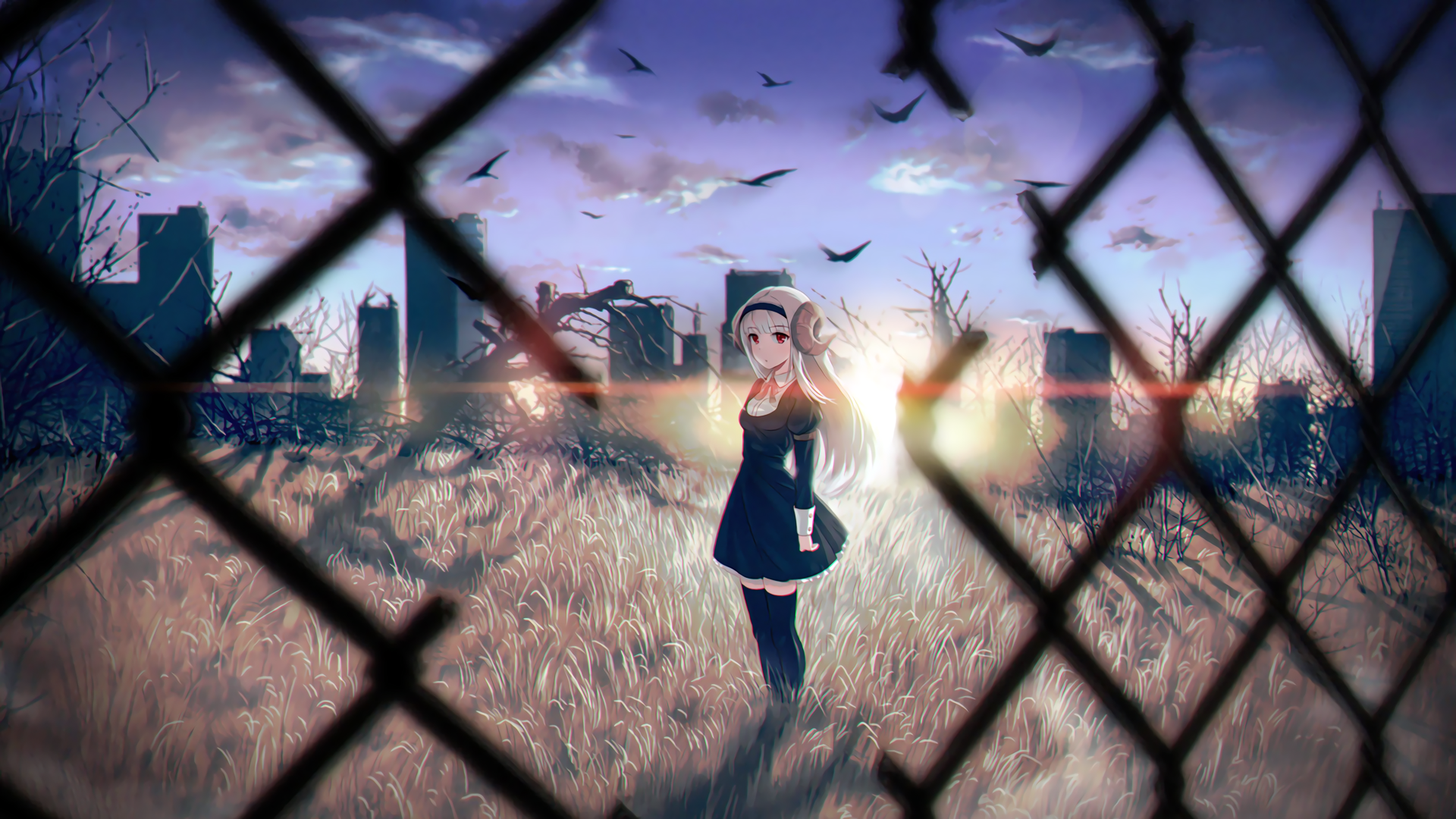 Girl with horns in a ruined city at sunset HD Wallpaper