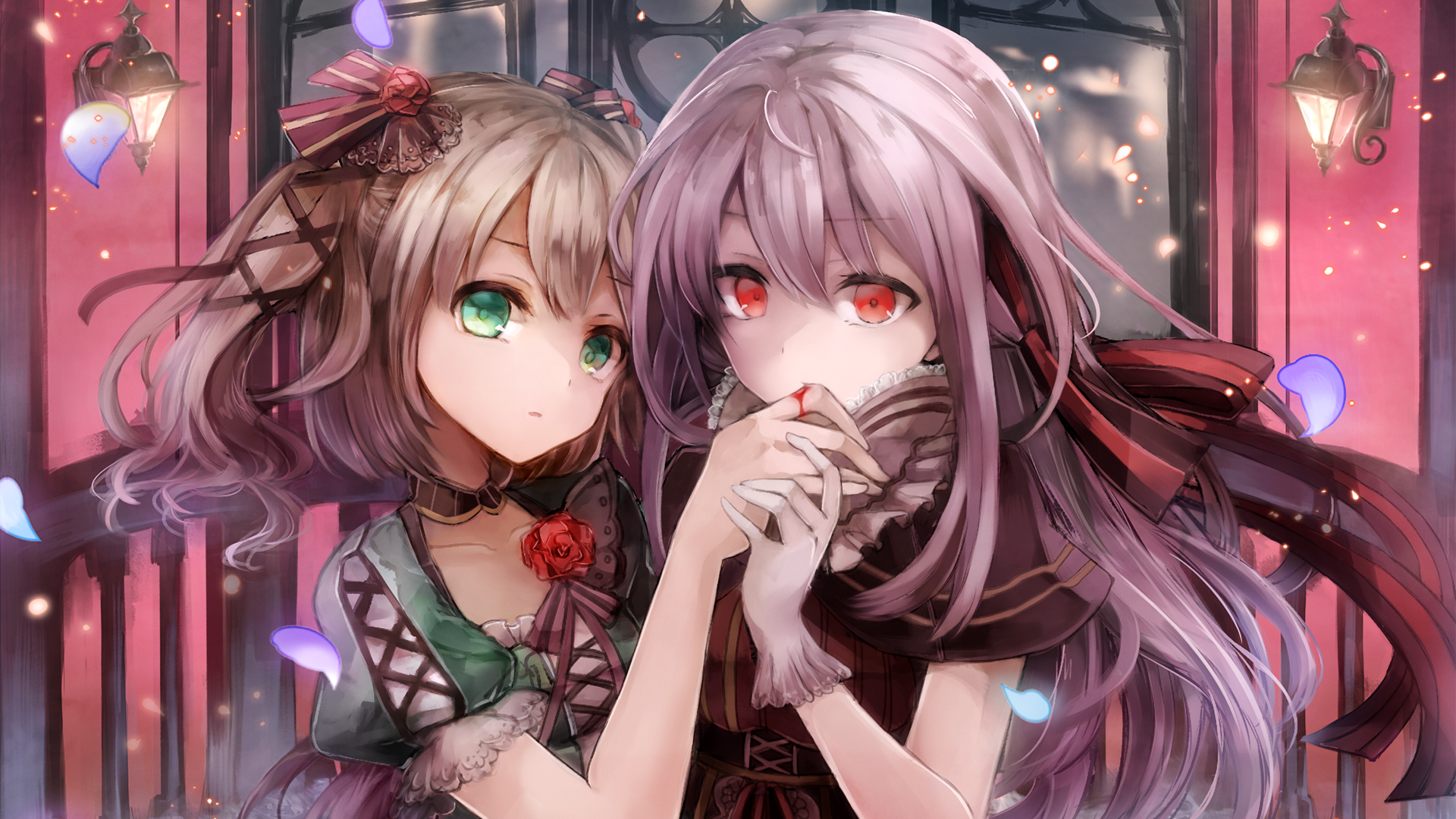 Anime girls with red and green eyes holding hands HD Wallpaper