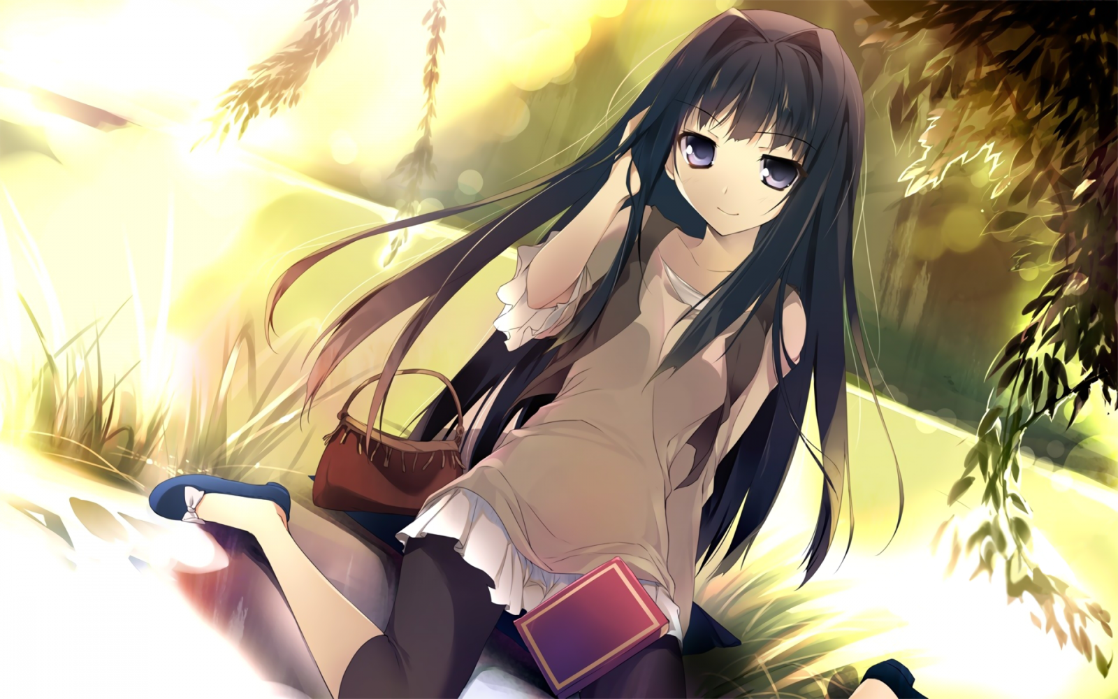 Anime girl with long dark hair sitting outdoors HD Wallpaper