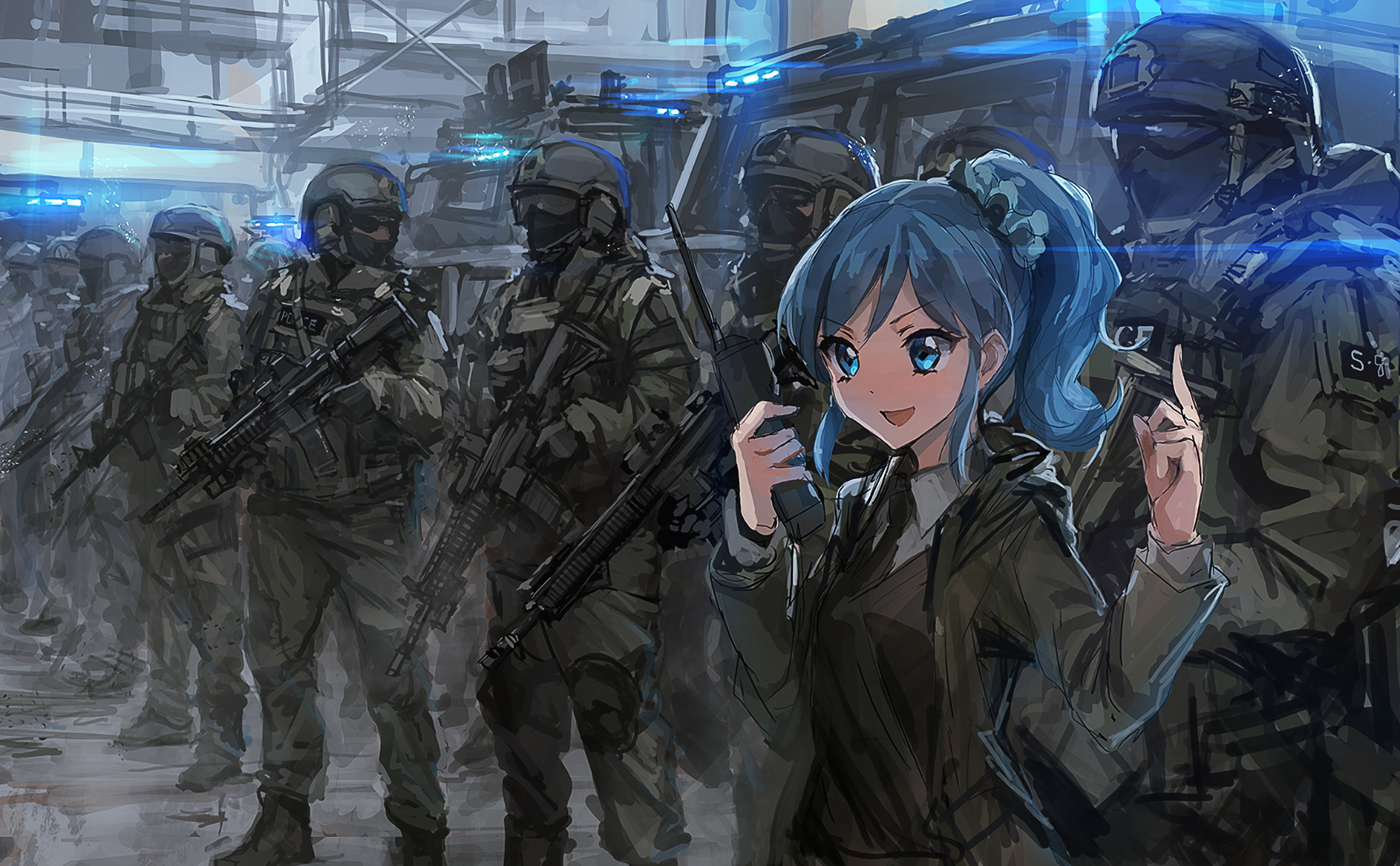 Anime girl with military soldiers HD Wallpaper