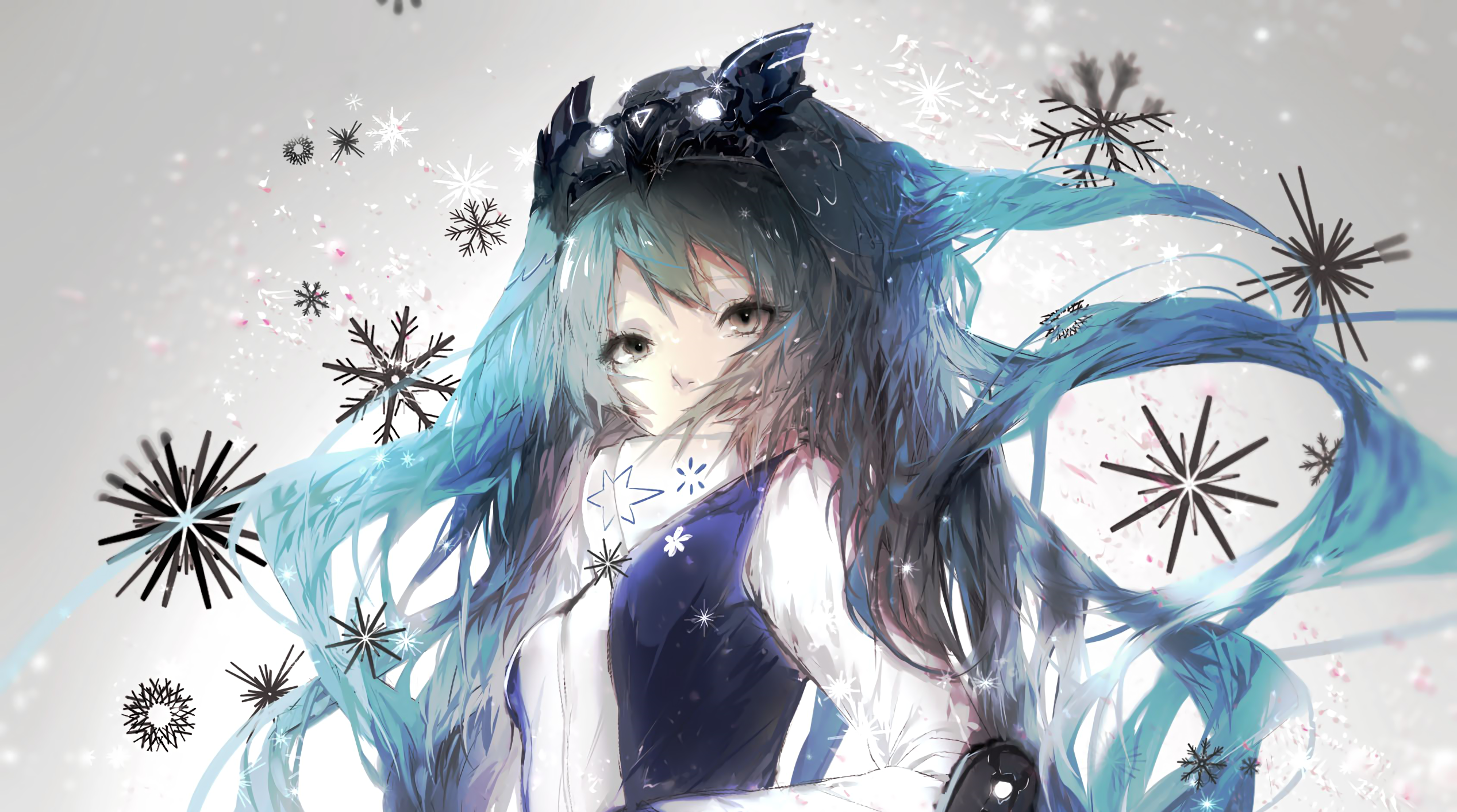 Anime girl with blue hair and snowflakes HD Wallpaper