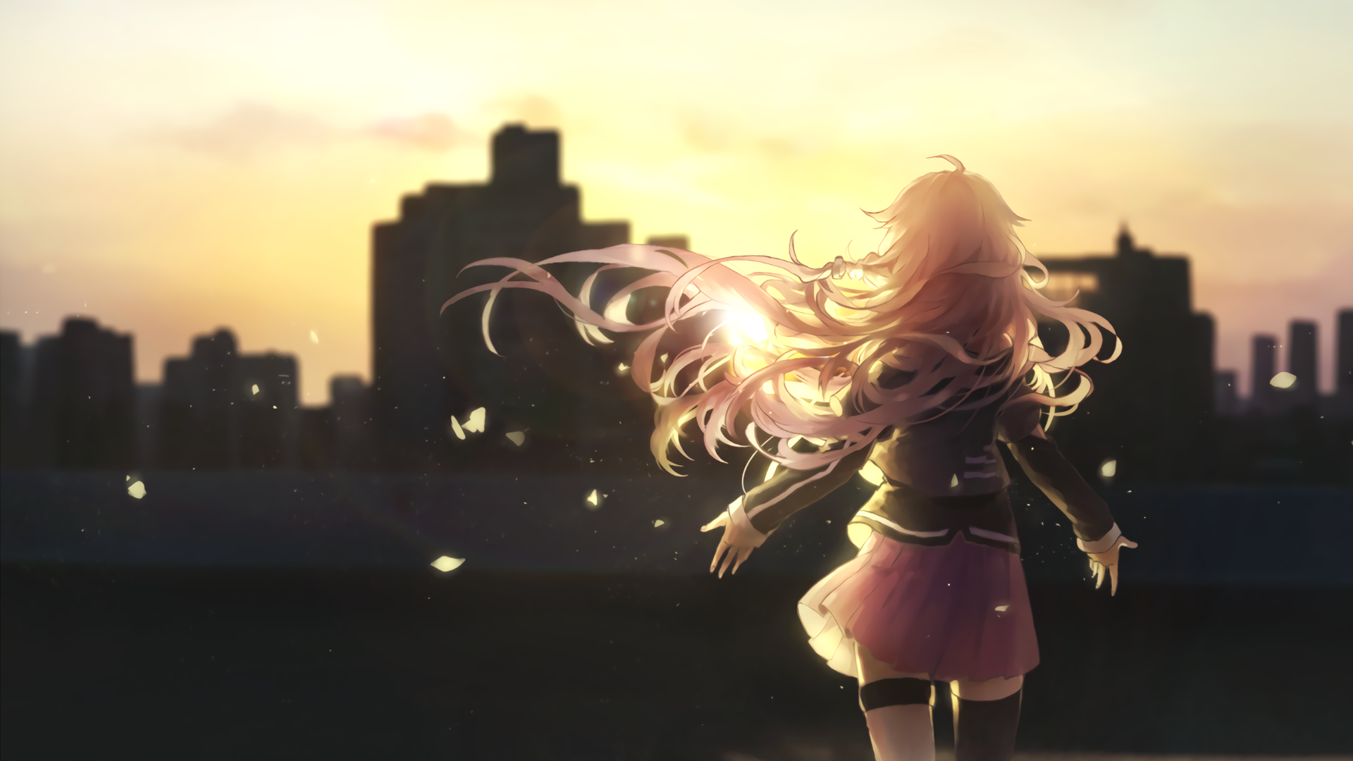Anime girl with pink hair at sunrise over city HD Wallpaper