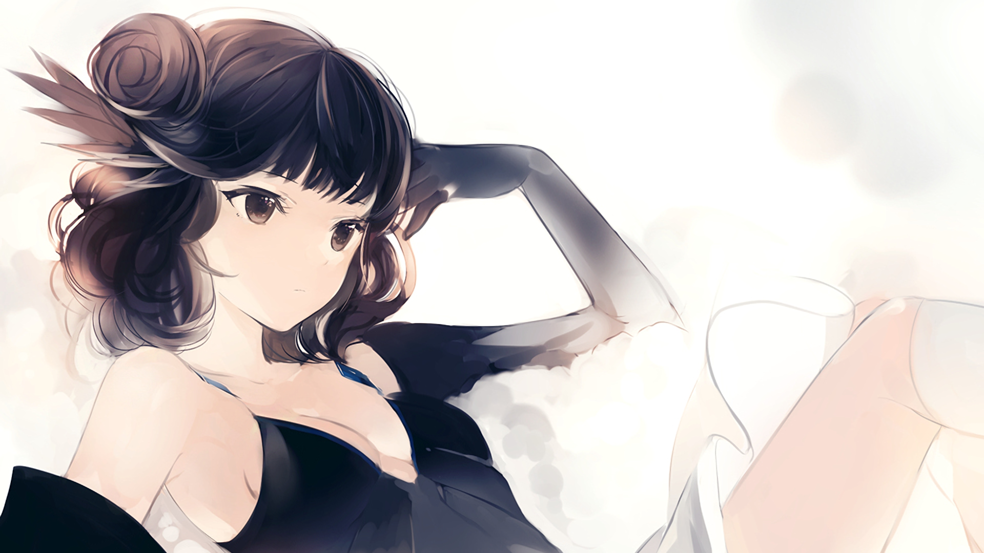 Anime girl with dark hair posing HD Wallpaper