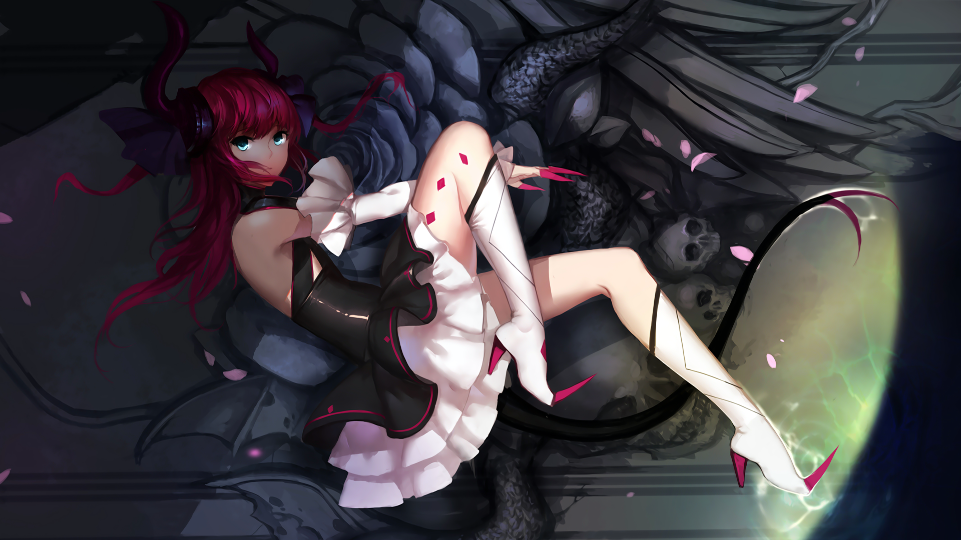 Anime girl with horns and tail in dark fantasy setting HD Wallpaper