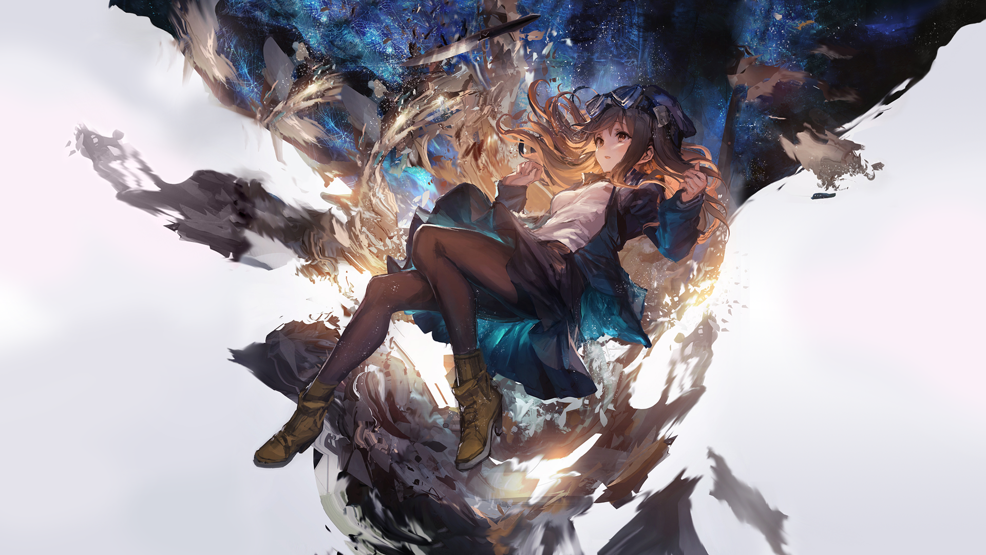 Anime girl with brown hair floating in space HD Wallpaper