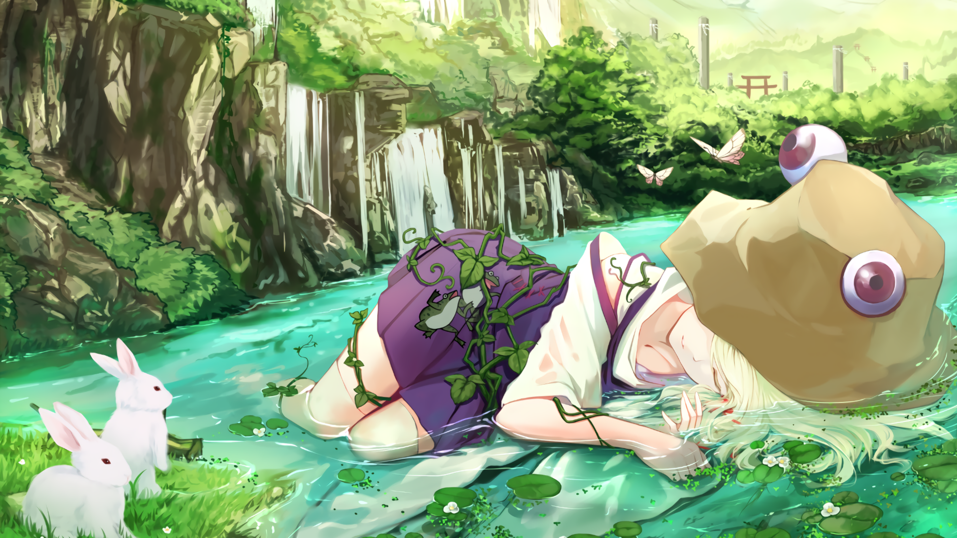 Suwako Moriya from Touhou sleeping in a river HD Wallpaper