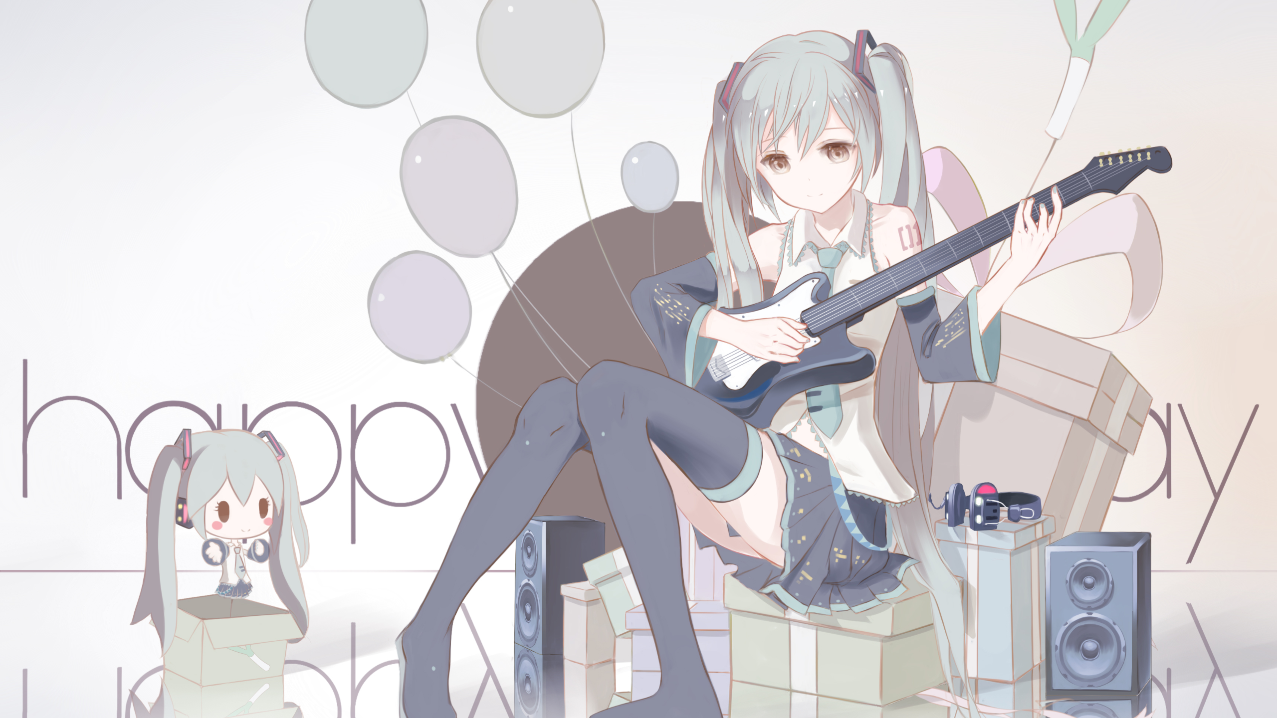 Hatsune Miku with Guitar and Balloons HD Wallpaper