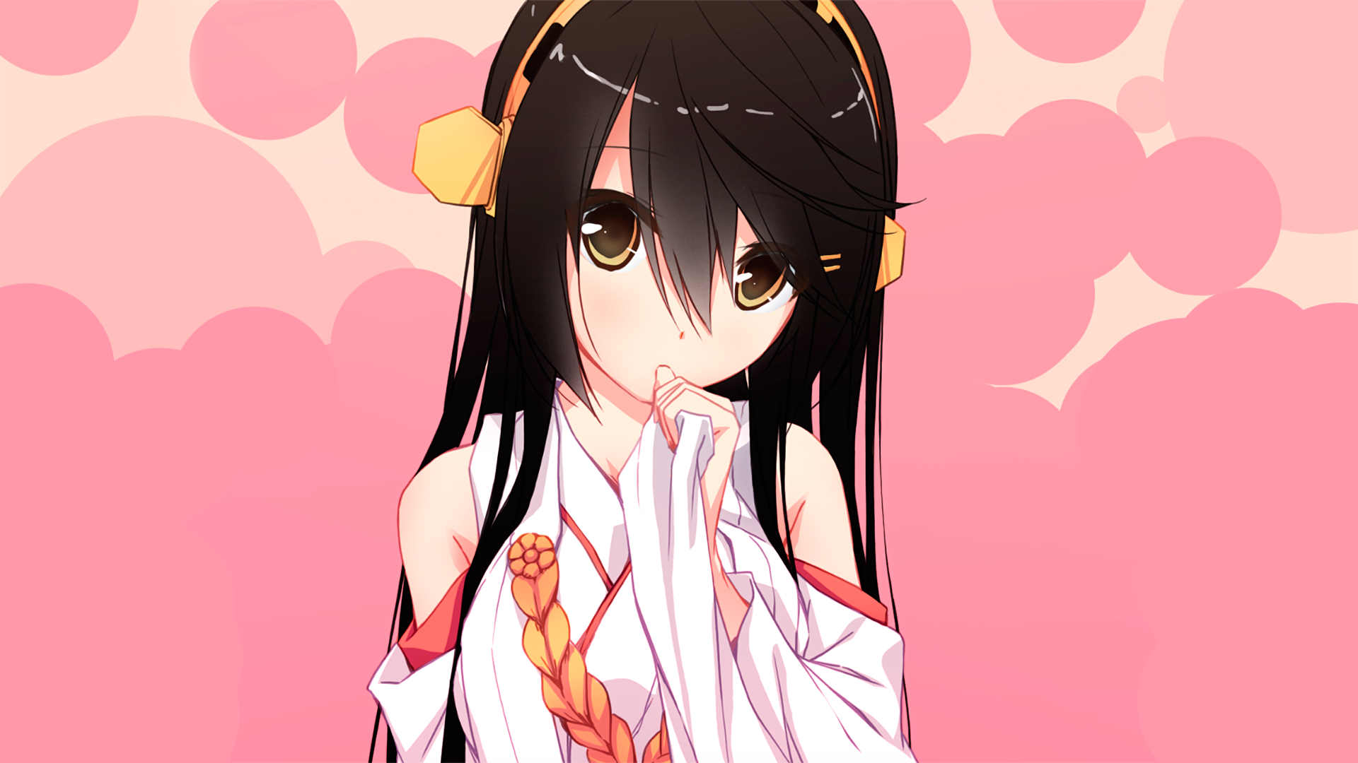 Anime girl with black hair and yellow headphones HD Wallpaper
