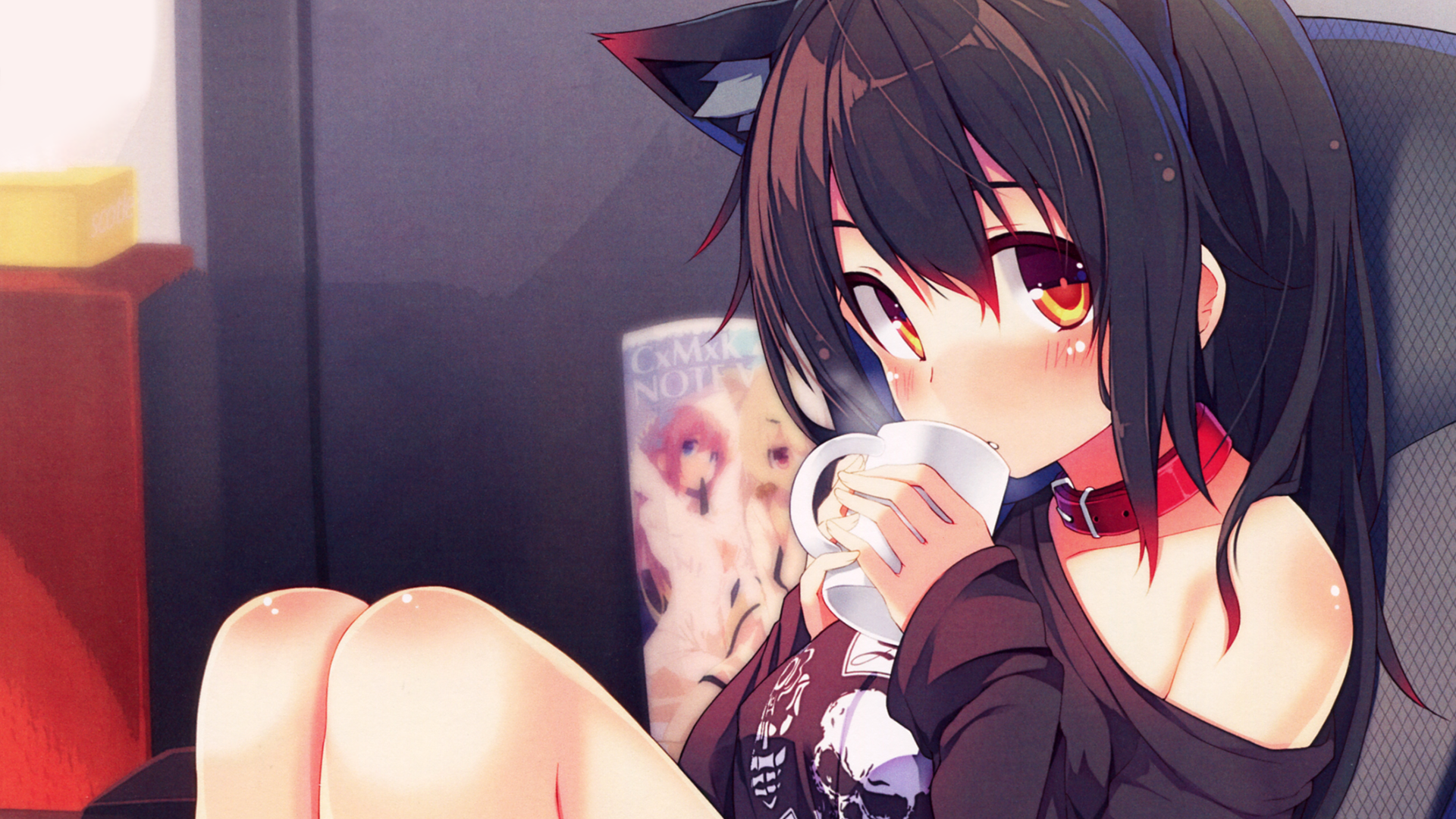 Anime girl with cat ears drinking from a mug HD Wallpaper