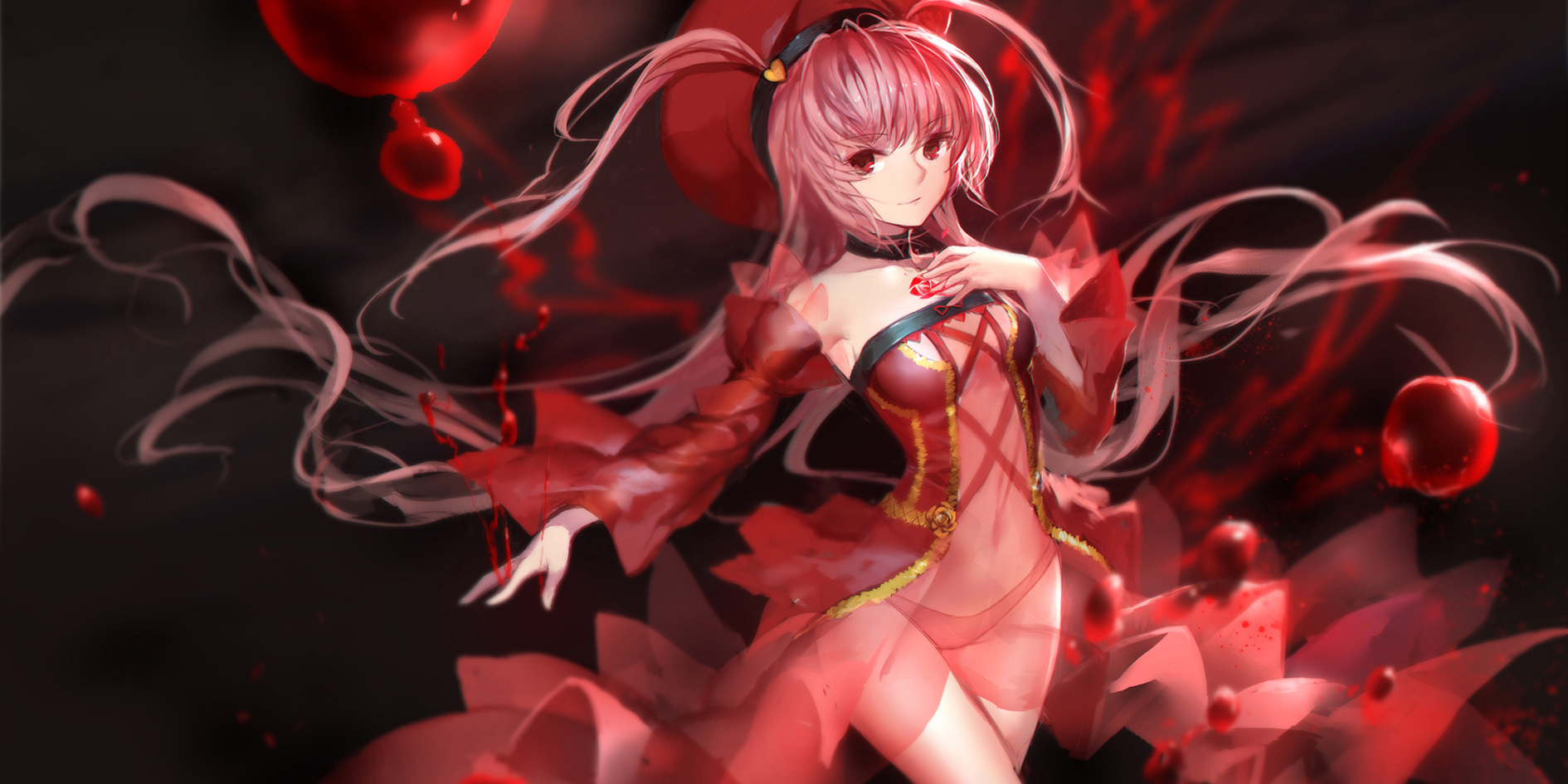 Anime girl with pink hair in a red dress surrounded by red flowers HD Wallpaper