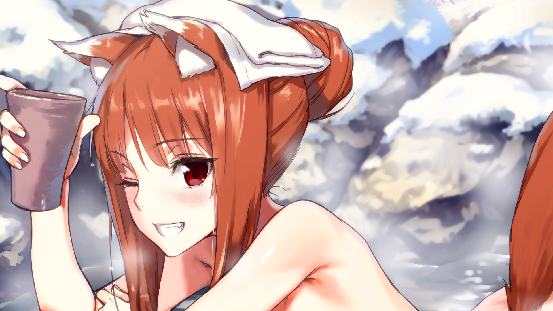 Holo from Spice and Wolf in a hot spring HD Wallpaper