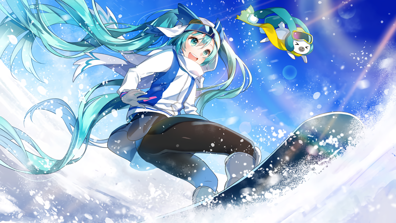 Hatsune Miku snowboarding with a seal creature HD Wallpaper