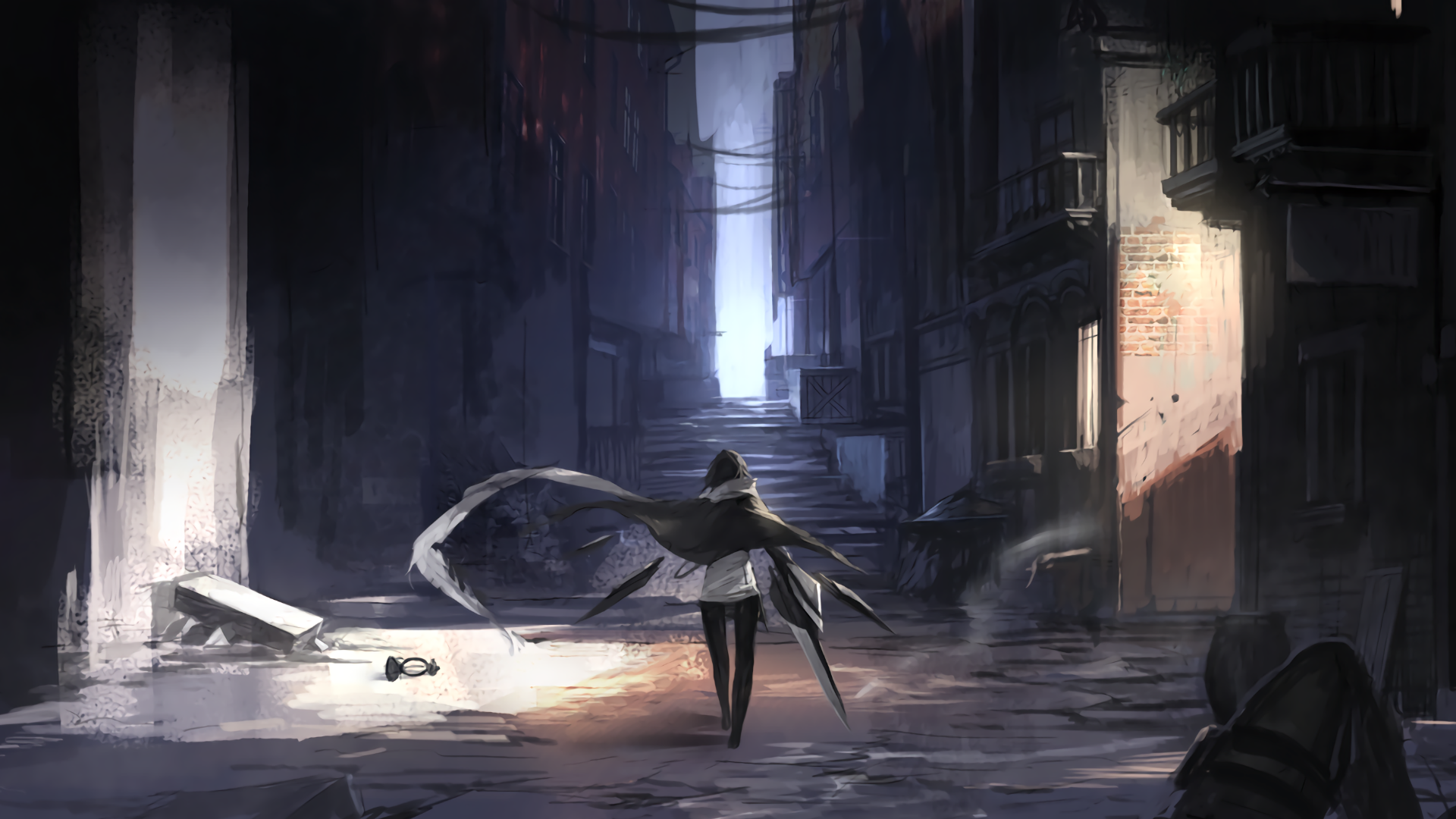 A lone figure walks down a dark alleyway HD Wallpaper