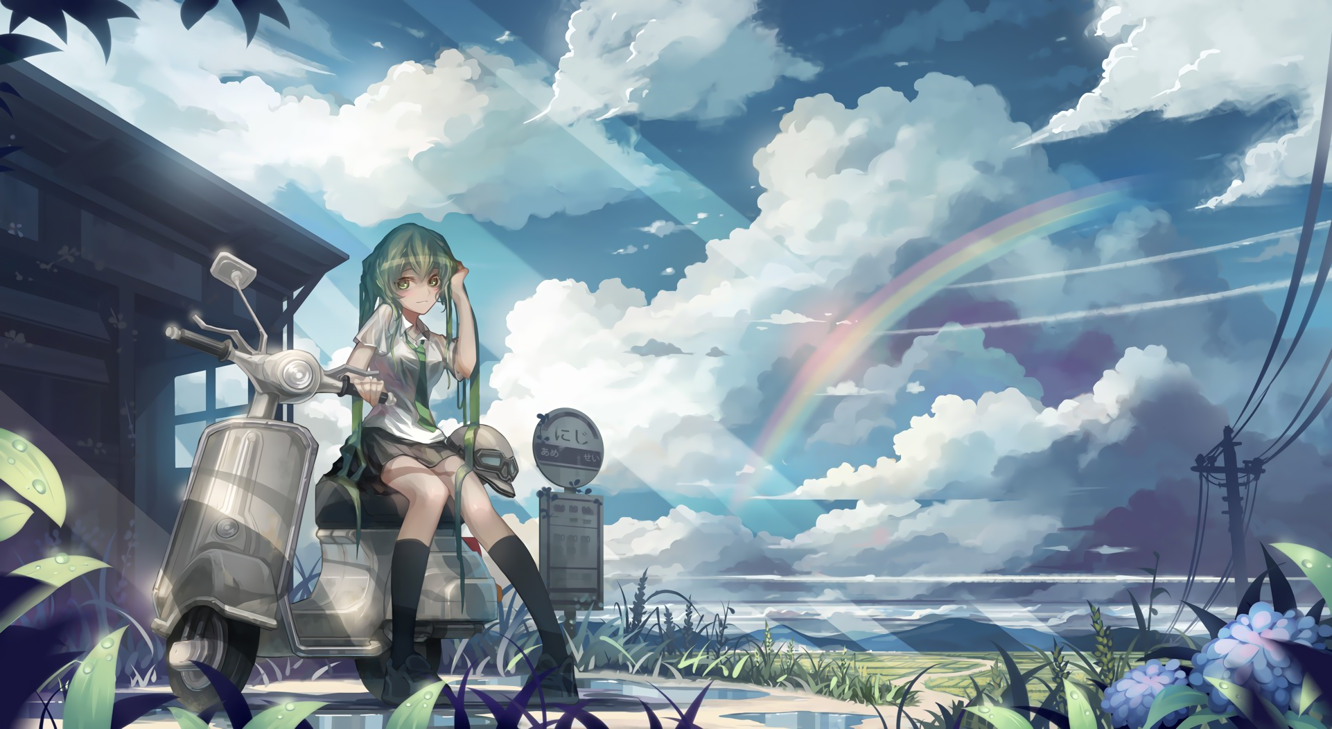 Anime girl with green hair on a scooter with a rainbow HD Wallpaper