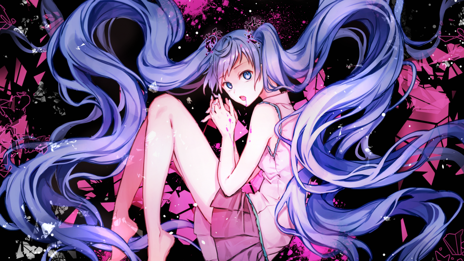 Hatsune Miku illustration with pink and black background HD Wallpaper